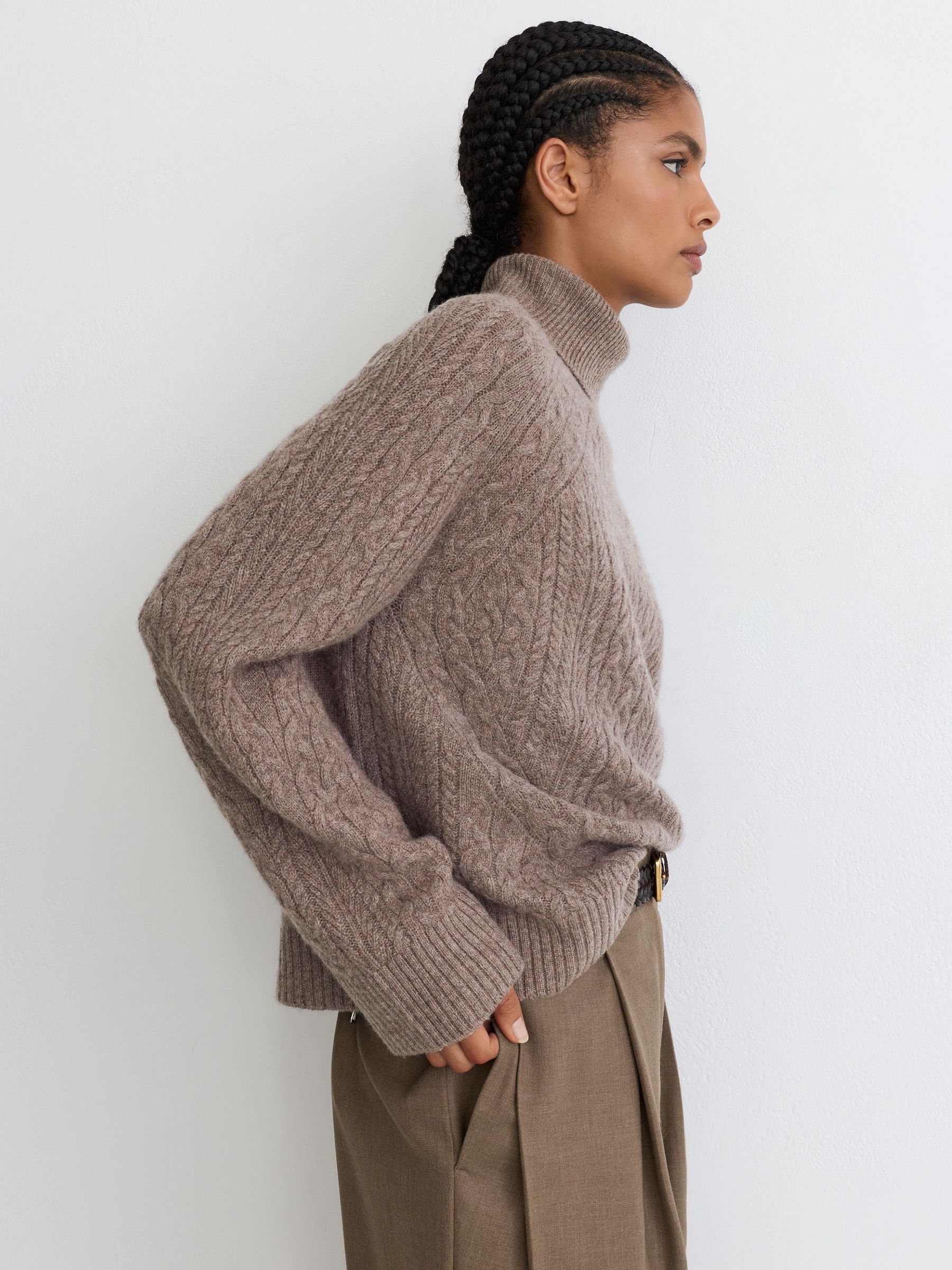Wool-Cashmere Cable-Knit Roll-Neck Jumper in Neutral - Image 1 of 7 Wool-Cashmere Cable-Knit Roll-Neck Jumper in Neutral - Image 1 of 7