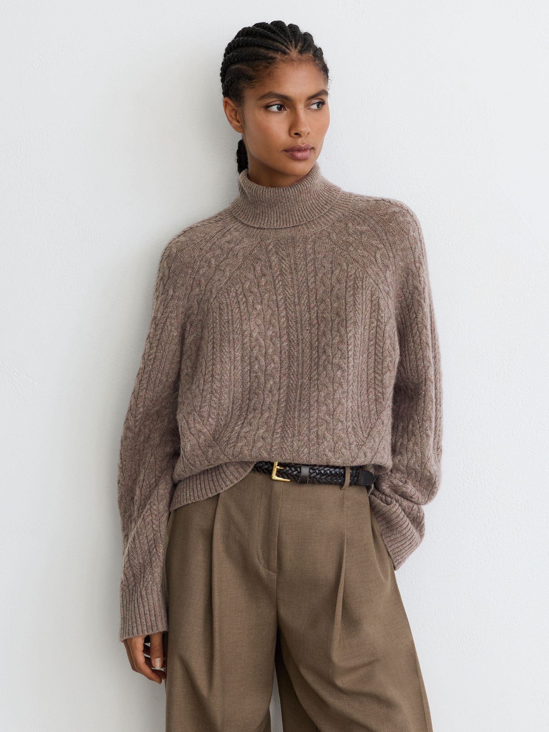 Wool-Cashmere Cable-Knit Roll-Neck Jumper in Neutral - Image 5 of 7