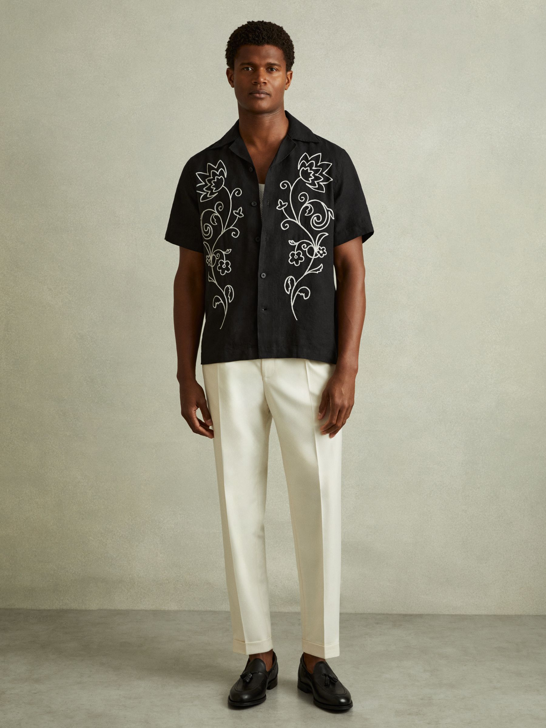 Linen Embroidered Cuban Collar Shirt in Black/White - Image 1 of 5