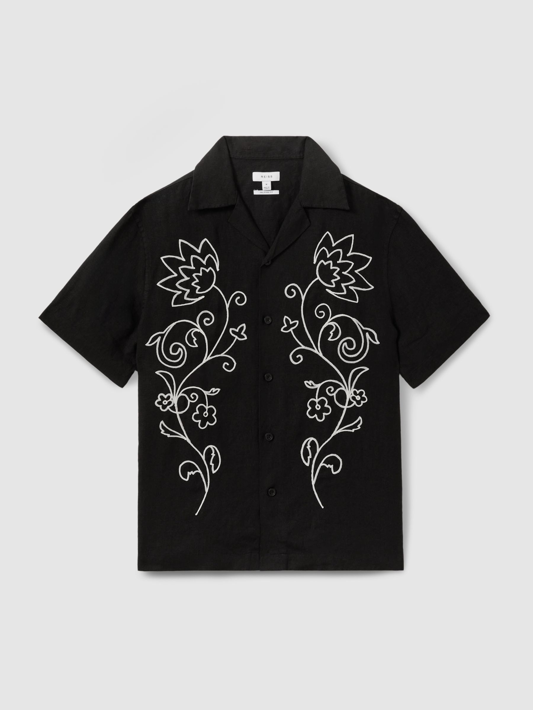Linen Embroidered Cuban Collar Shirt in Black/White - Image 2 of 5