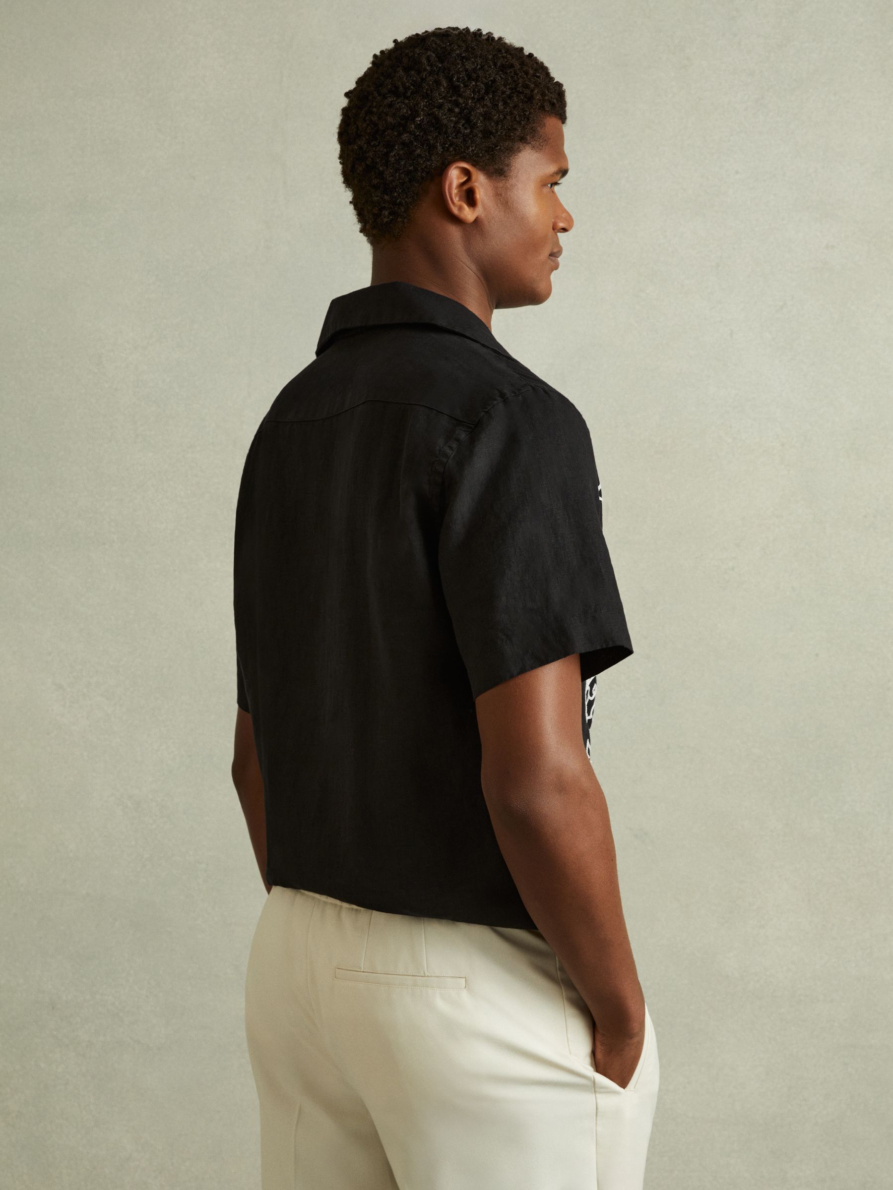 Linen Embroidered Cuban Collar Shirt in Black/White - Image 4 of 5