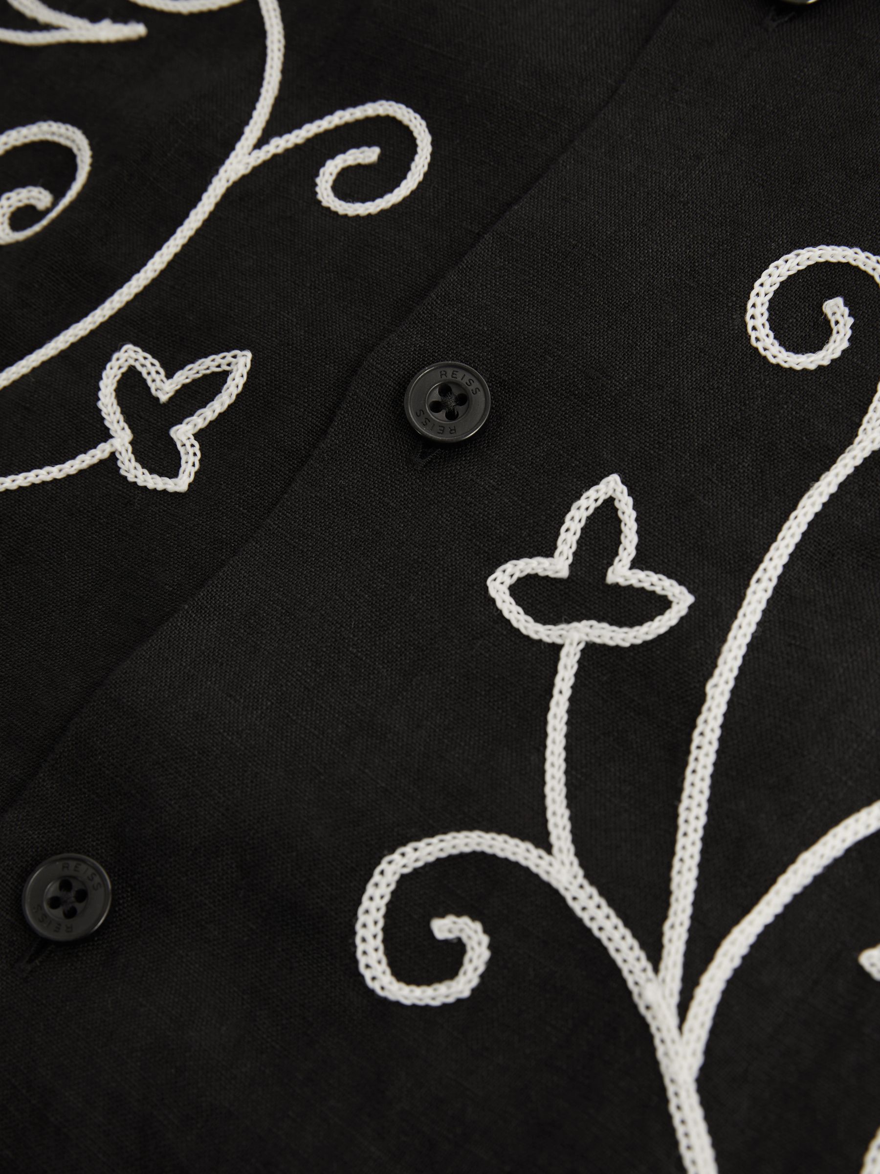 Linen Embroidered Cuban Collar Shirt in Black/White - Image 5 of 5