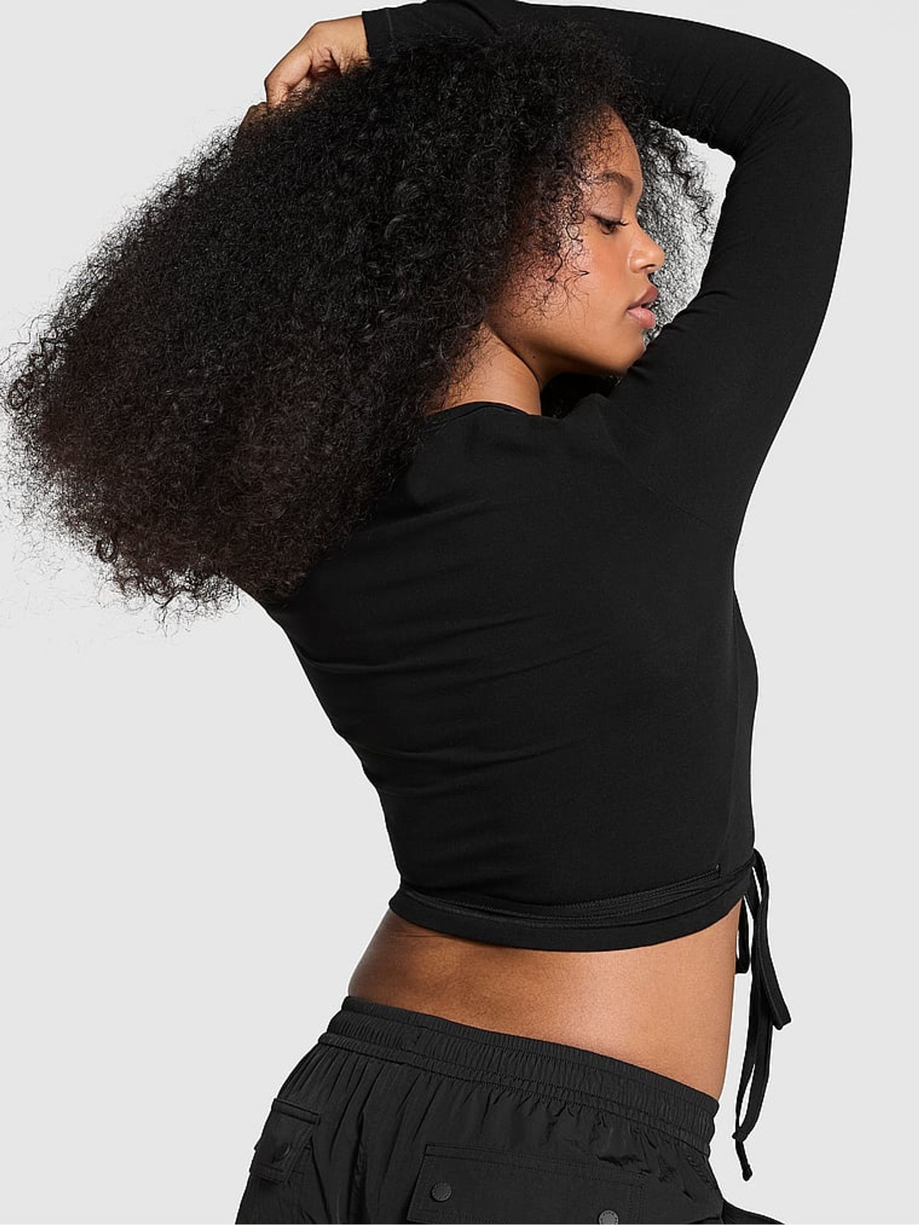 Black Cotton Wrap Long Sleeve Cropped Top - Image 2 of 3