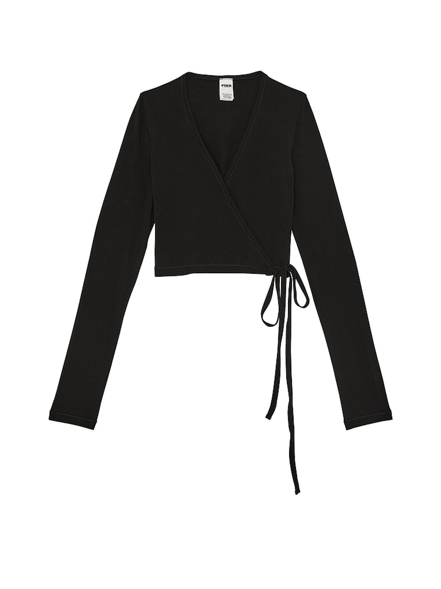 Black Cotton Wrap Long Sleeve Cropped Top - Image 3 of 3