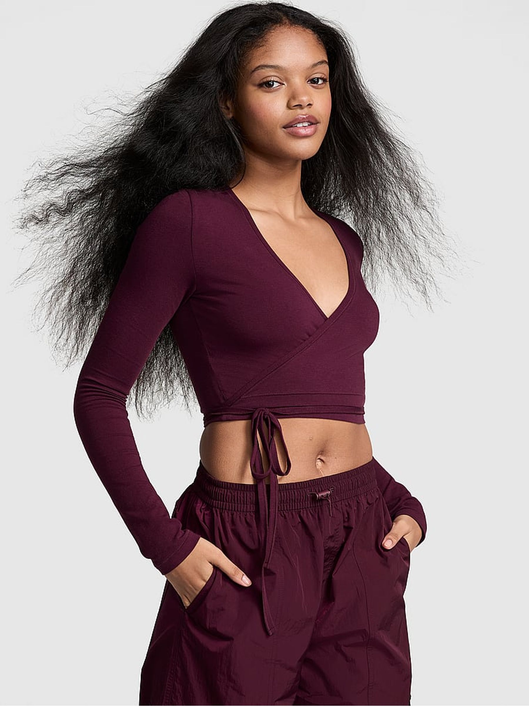 Purple Rose Cotton Wrap Long Sleeve Cropped Top - Image 1 of 1 Purple Rose Cotton Wrap Long Sleeve Cropped Top - Image 1 of 1