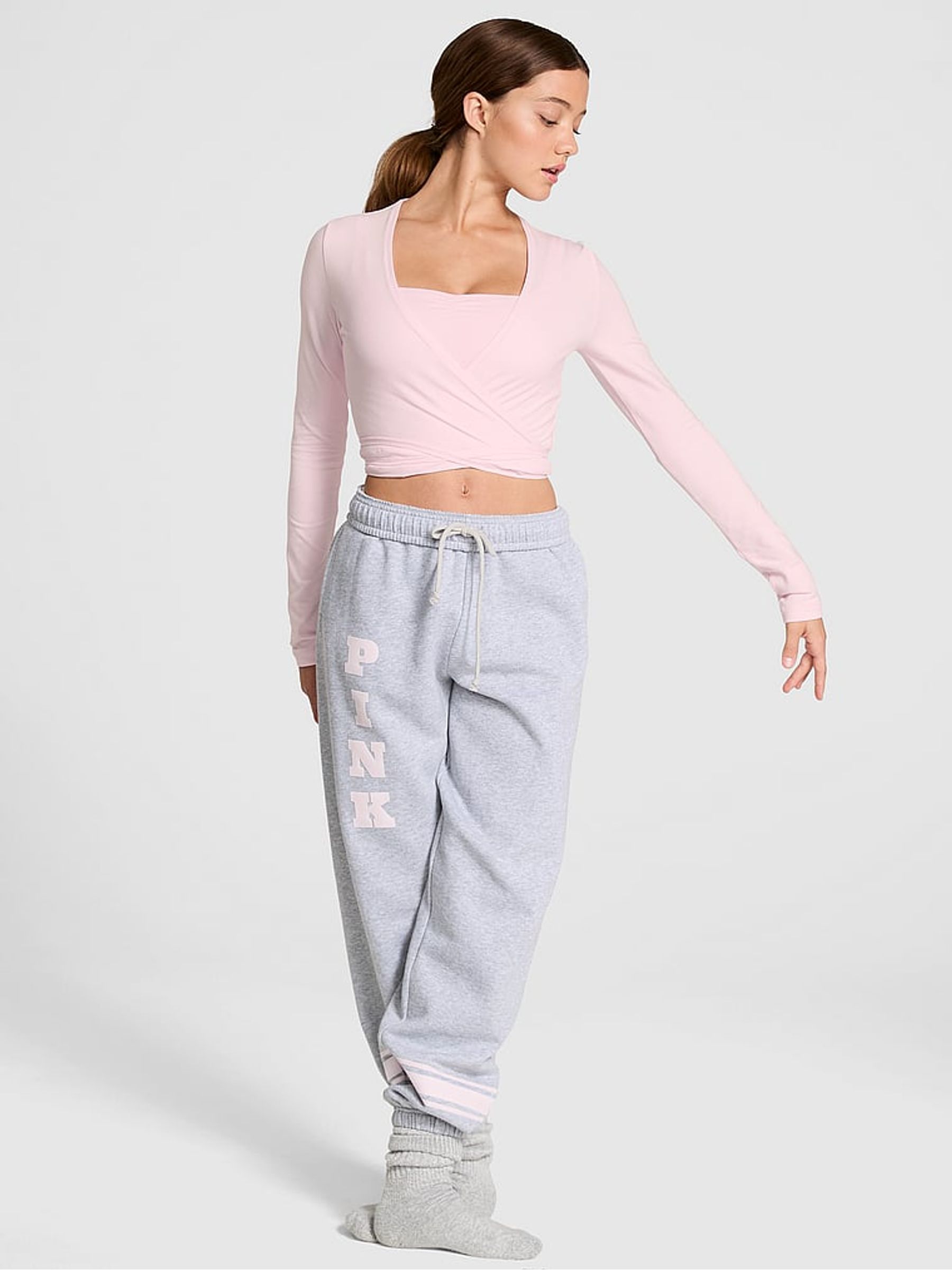 Pink Tulip Cotton Wrap Long Sleeve Cropped Top - Image 1 of 3