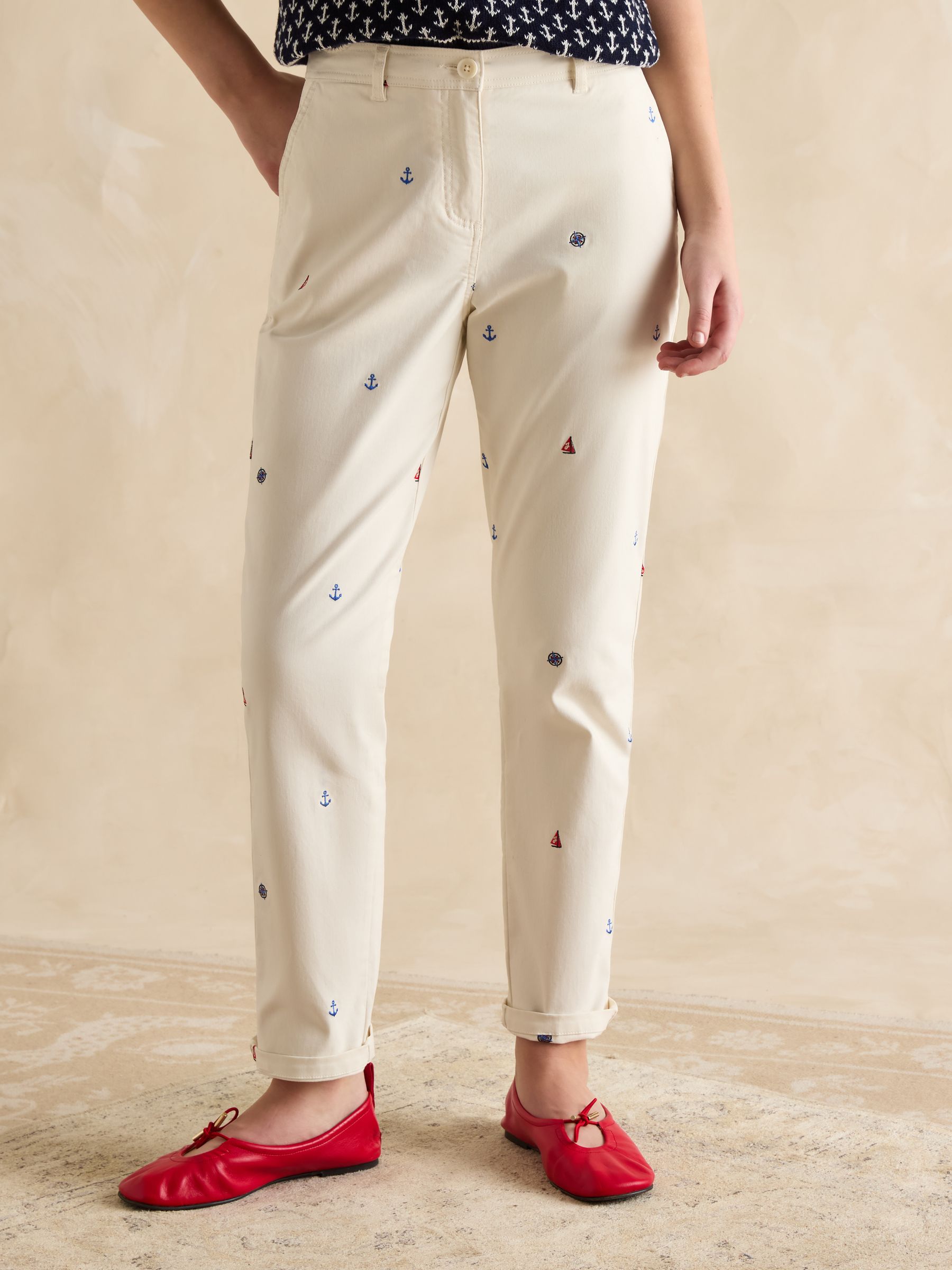 Slim Fit Cream Embroidered Chino Trousers - Image 1 of 8