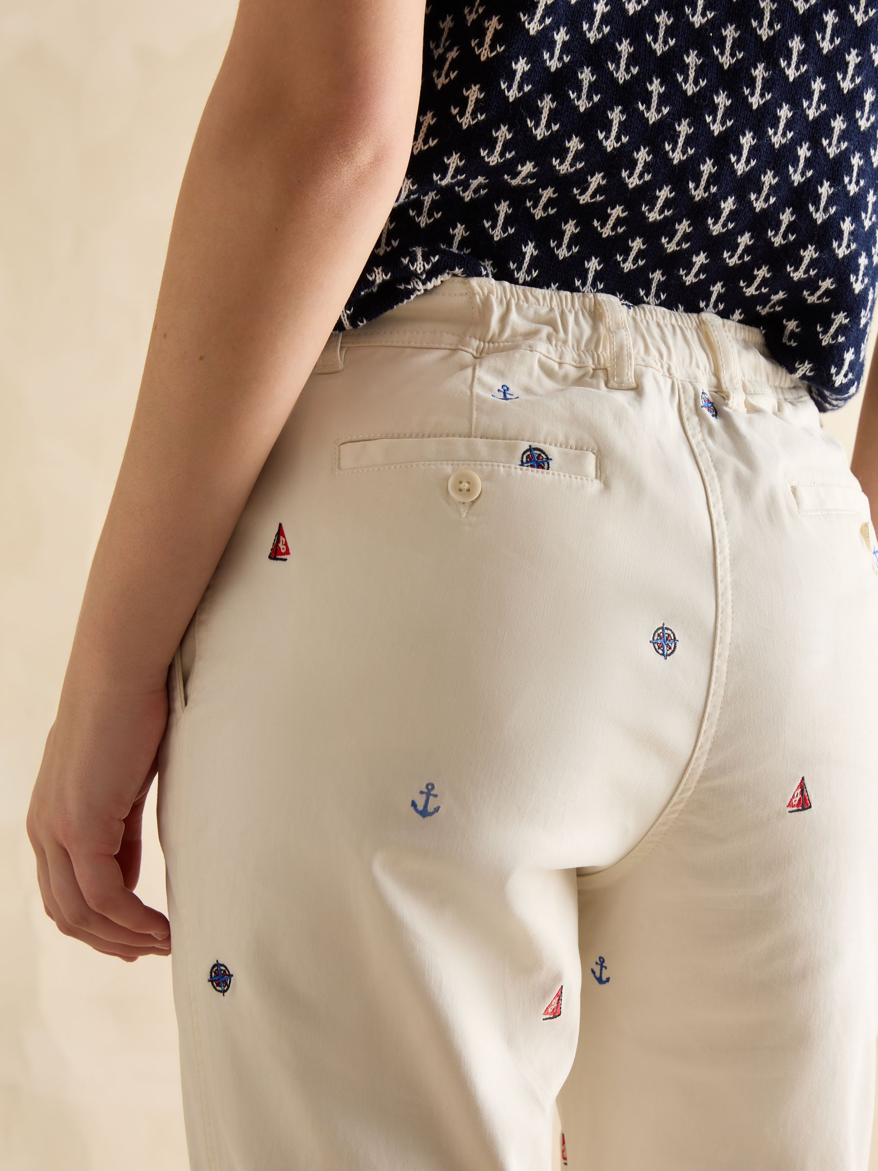 Slim Fit Cream Embroidered Chino Trousers - Image 5 of 8