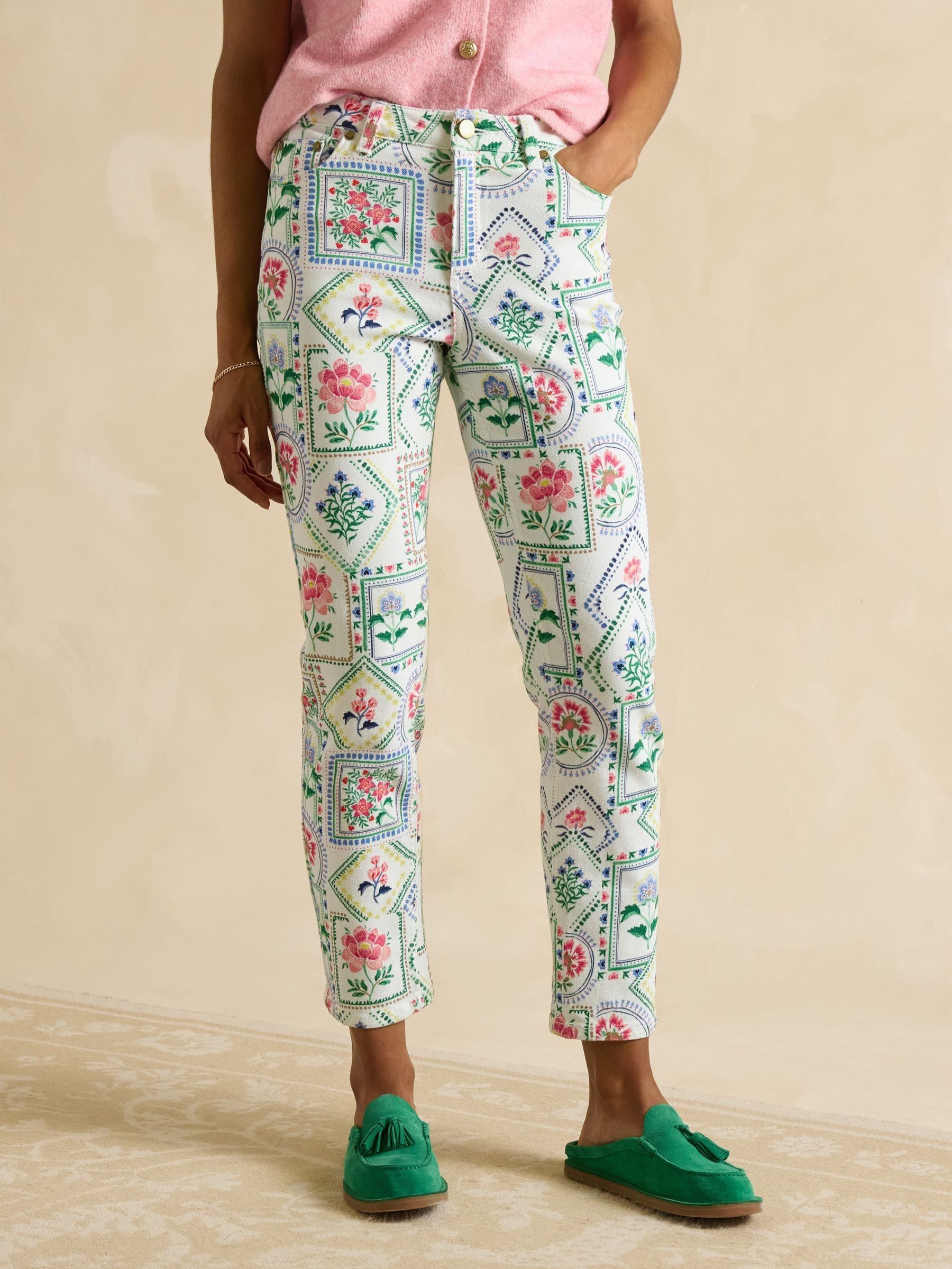 Cream Tile Print Straight Fit Mid Rise Jeans - Image 1 of 7