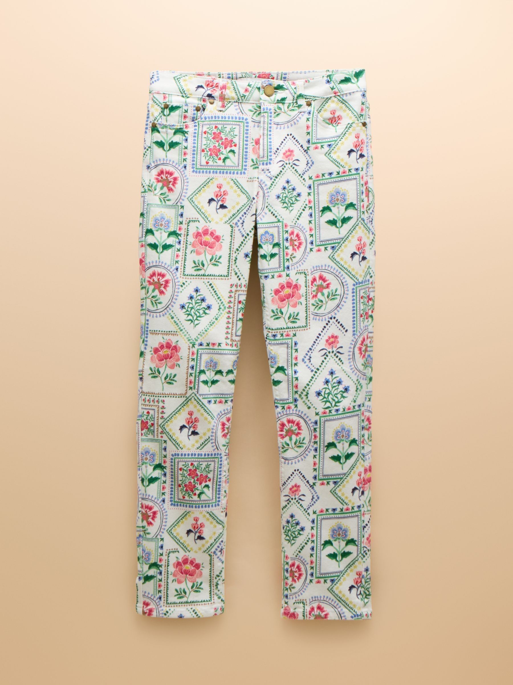 Cream Tile Print Straight Fit Mid Rise Jeans - Image 9 of 9