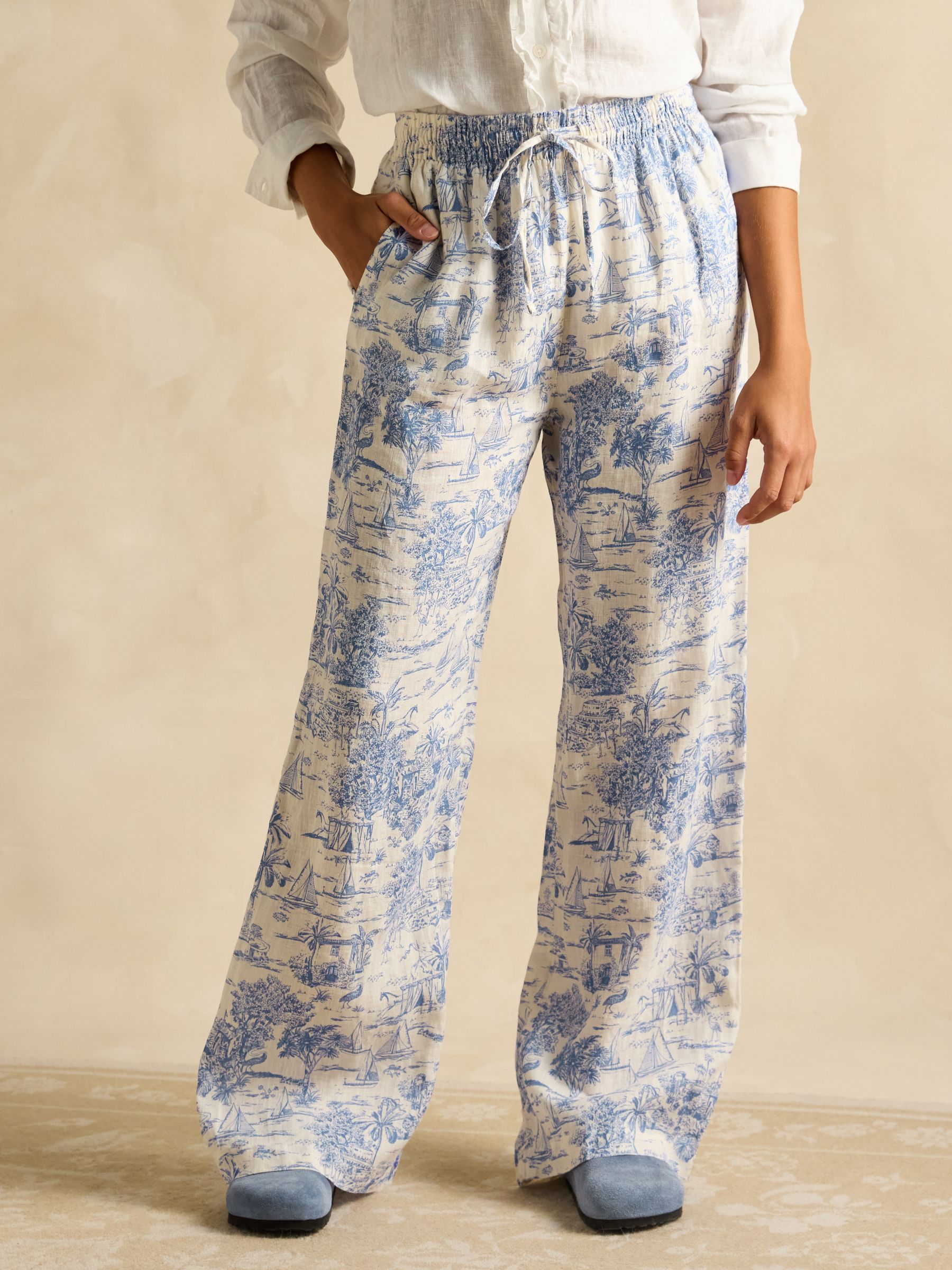 Pull On Blue Toile de Jouy Trousers with Linen - Image 2 of 9
