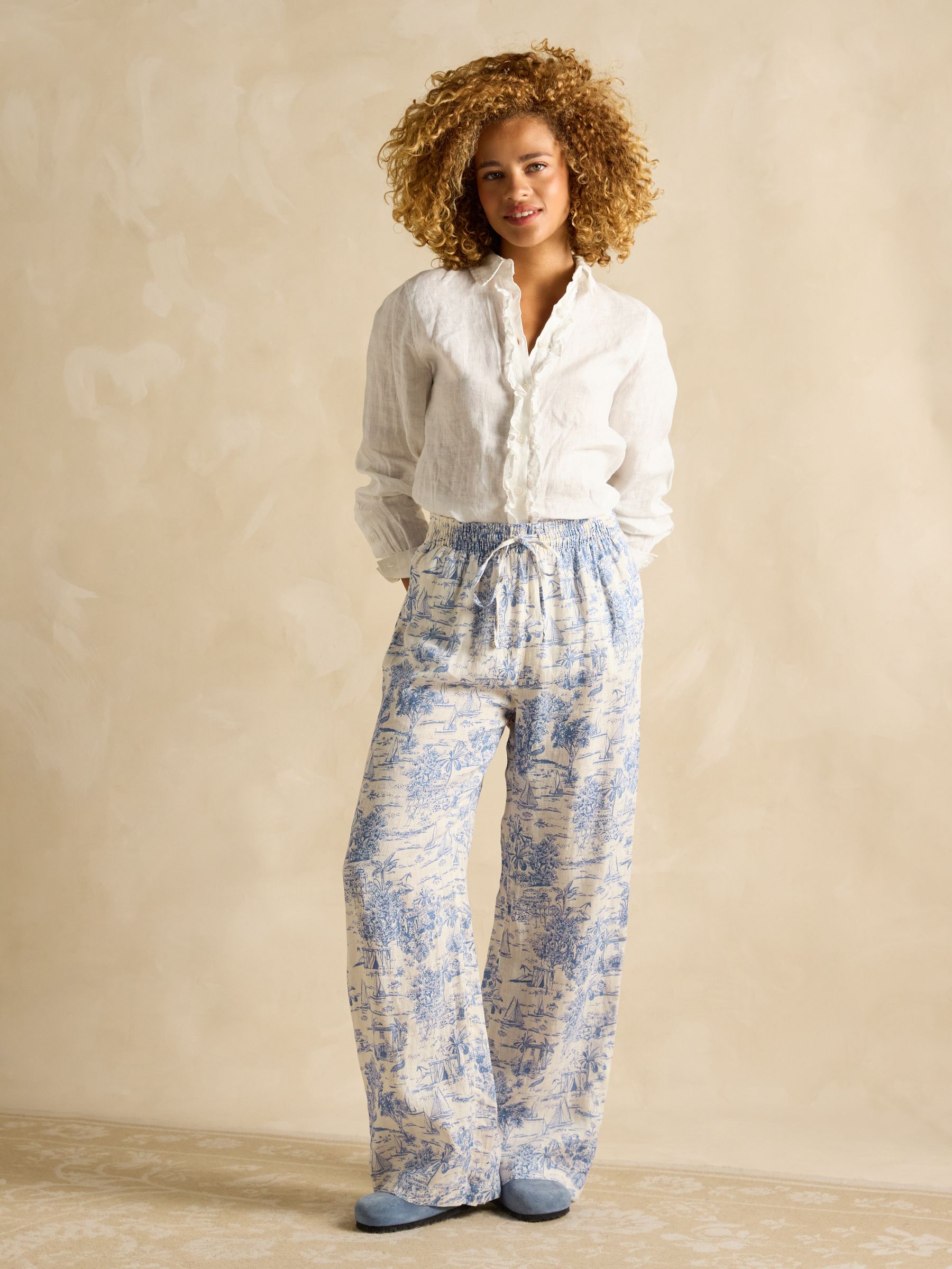 Pull On Blue Toile de Jouy Trousers with Linen - Image 4 of 9