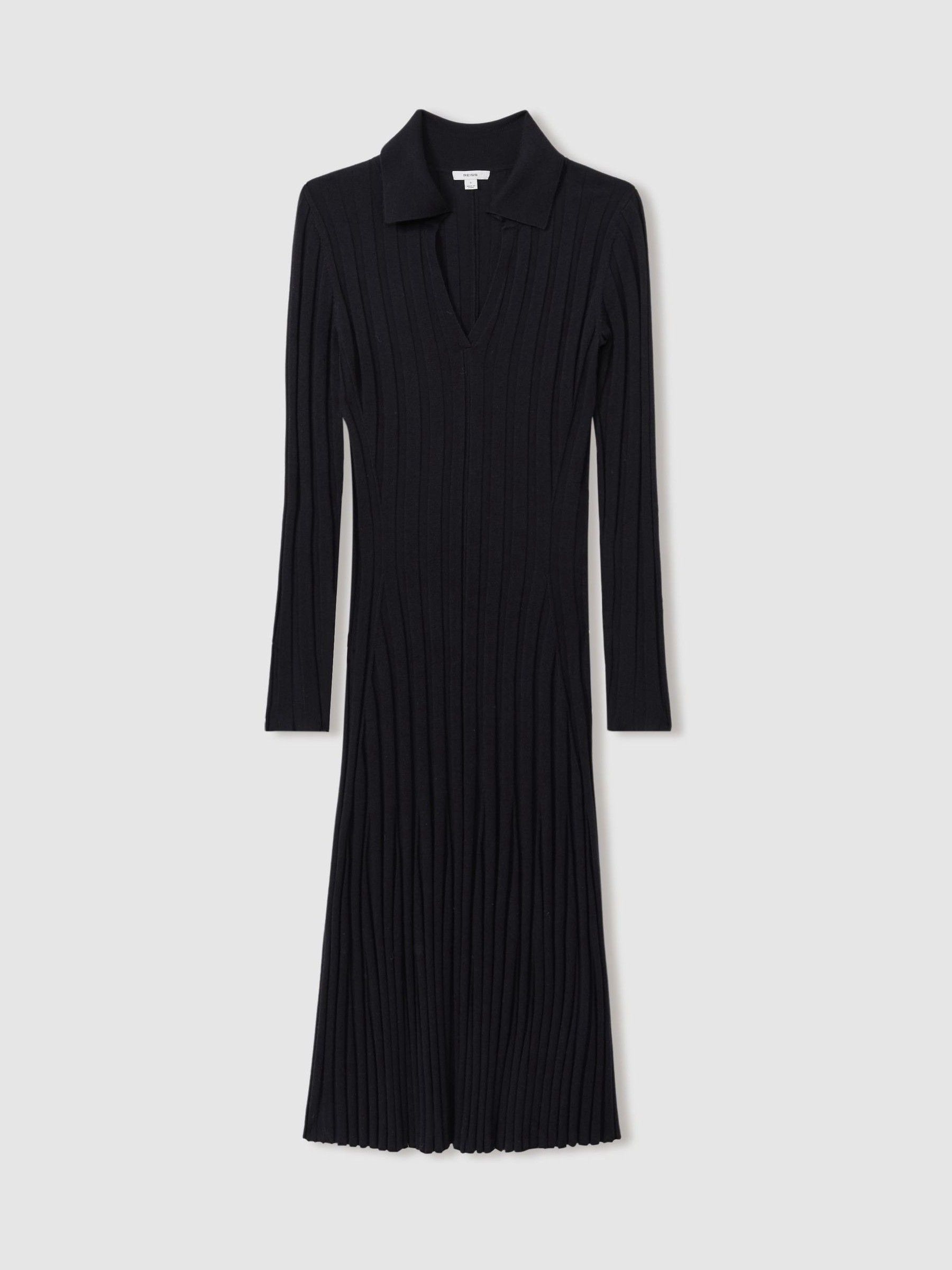Knitted Open-Collar Midi Dress in Navy - Image 2 of 5