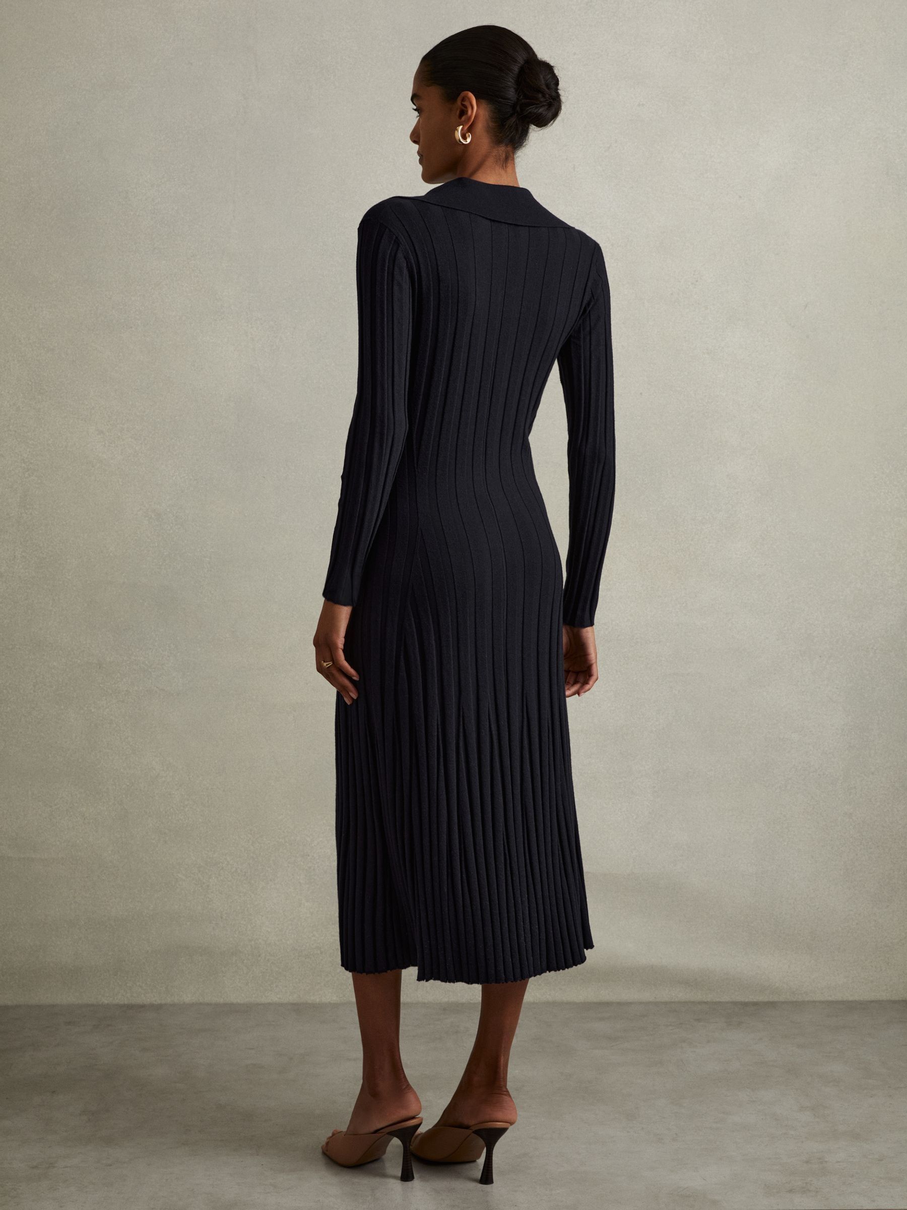 Knitted Open-Collar Midi Dress in Navy - Image 4 of 5