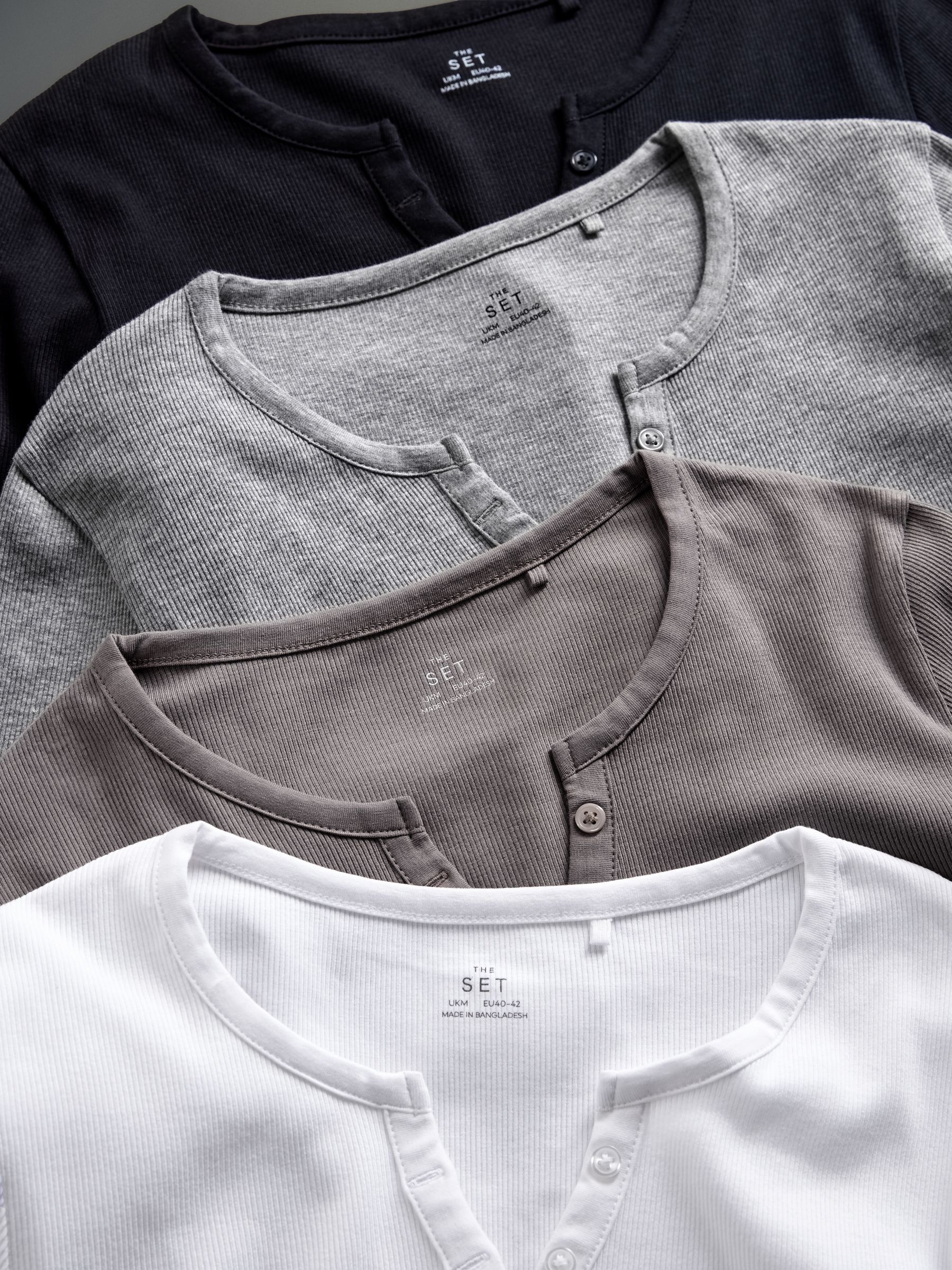 Black/White/Light Grey/Taupe Brown 4 Pack Ribbed Henley Long Sleeve T-Shirts - Image 6 of 6 Black/White/Light Grey/Taupe Brown 4 Pack Ribbed Henley Long Sleeve T-Shirts - Image 6 of 6