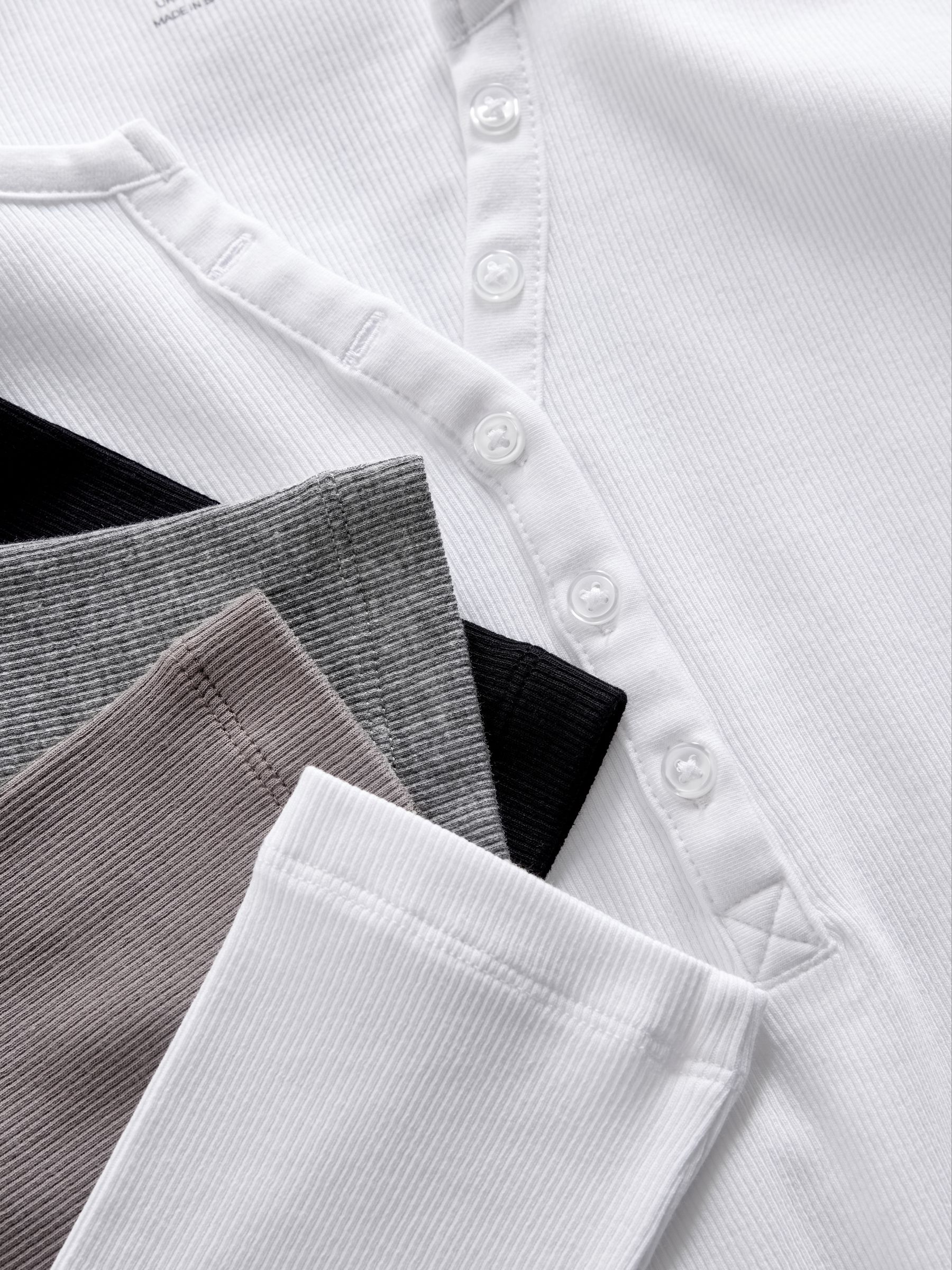 Black/White/Light Grey/Taupe Brown - 4 Pack Ribbed Henley Long Sleeve T-Shirts - Image 7 of 7