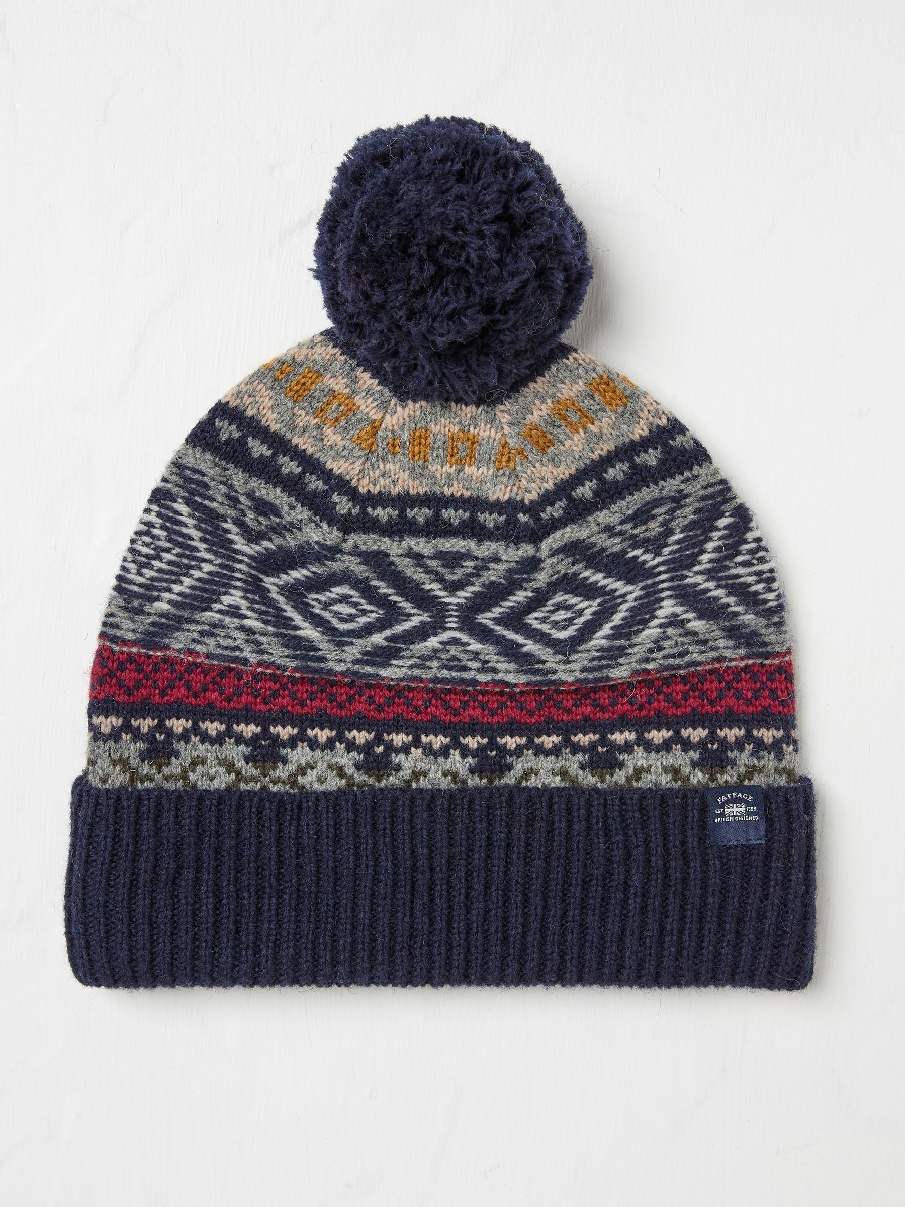 Navy Textured Fairisle Pattern Bobble Hat - Image 1 of 3
