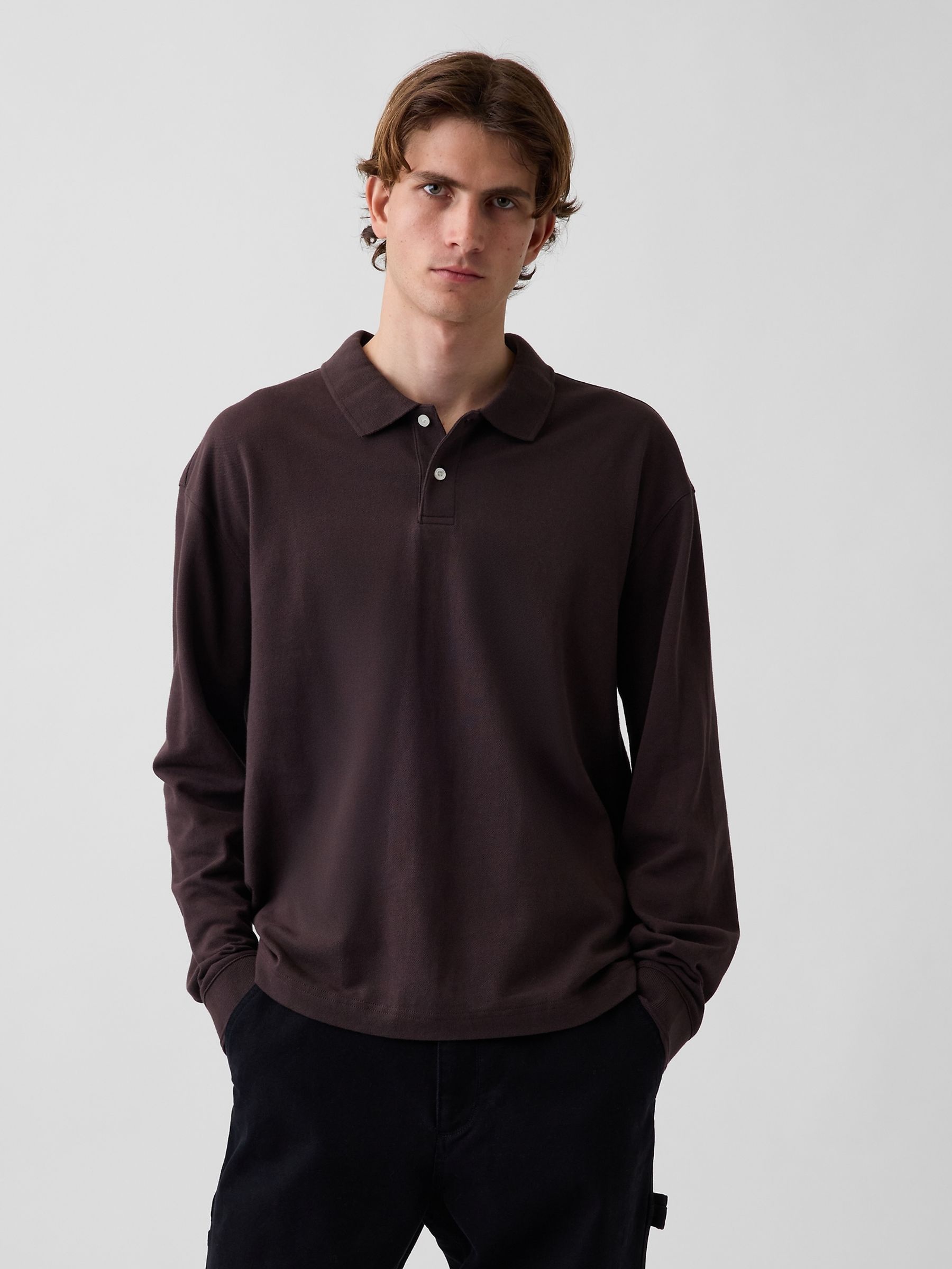 Brown Oversized Pique Polo Shirt - Image 1 of 4 Brown Oversized Pique Polo Shirt - Image 1 of 4