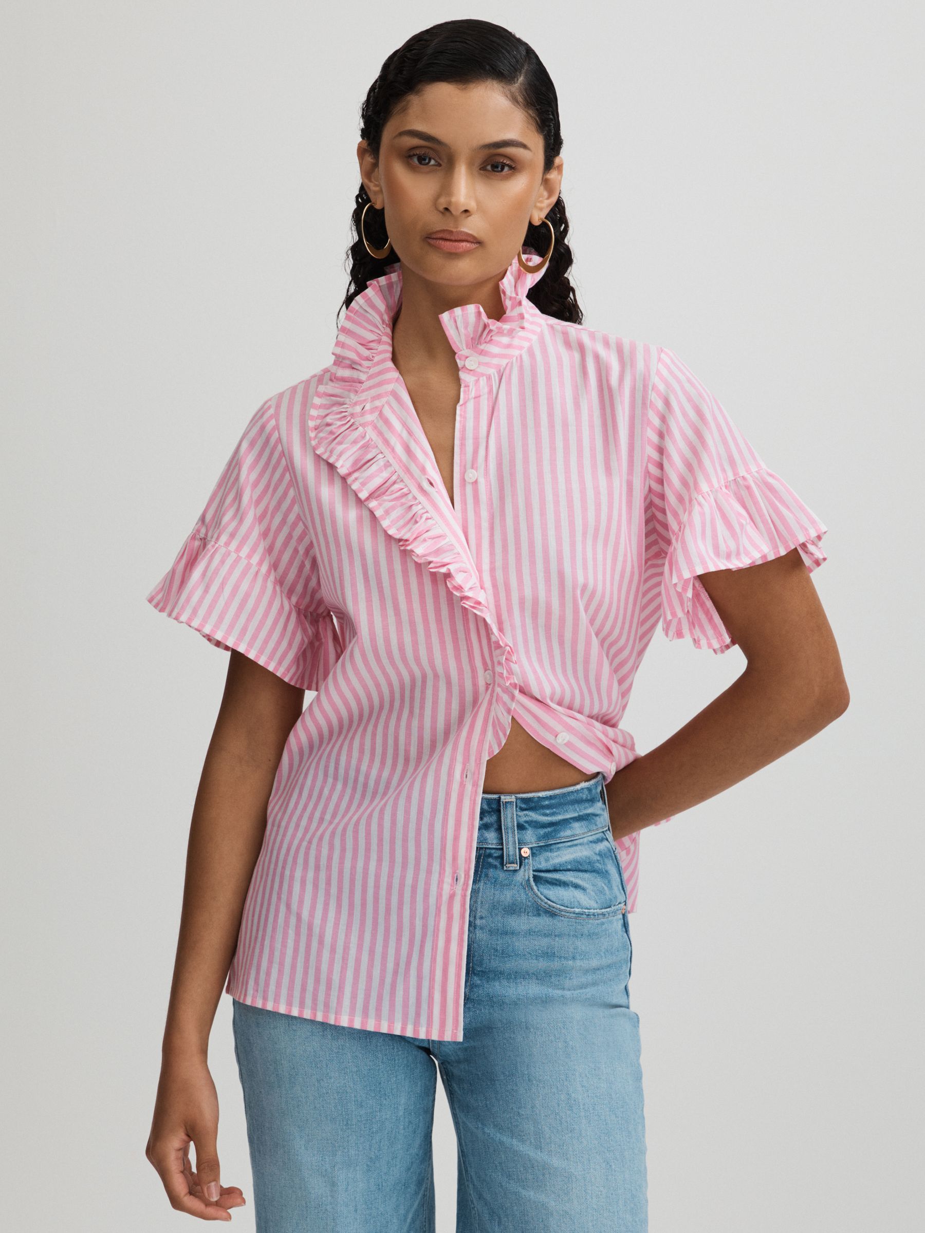 Mille Cotton Bell Sleeve Ruffle Top in Bubblegum - Image 1 of 6