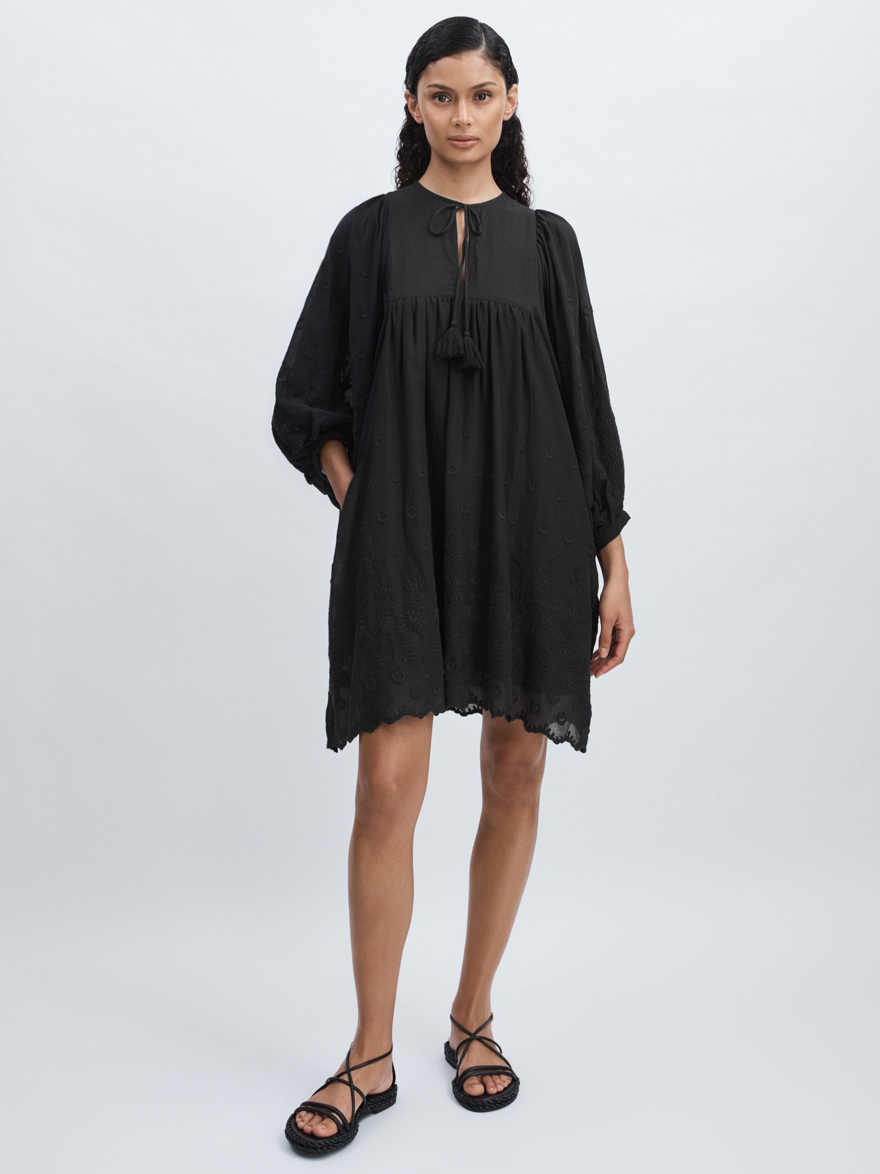 Mille Cotton Puff Sleeve Mini Dress in Black - Image 1 of 6