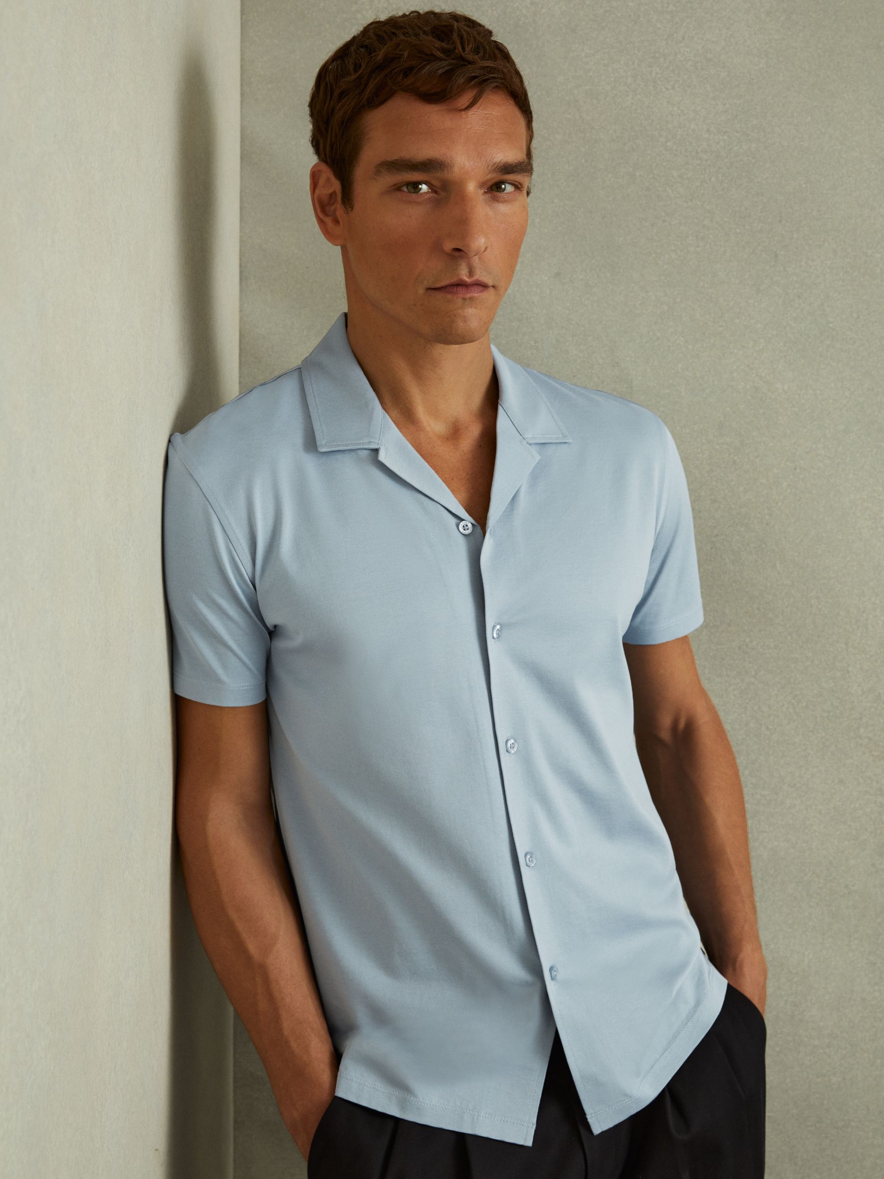 Mercerised Jersey Cuban Collar Shirt in Soft Blue - Image 1 of 4