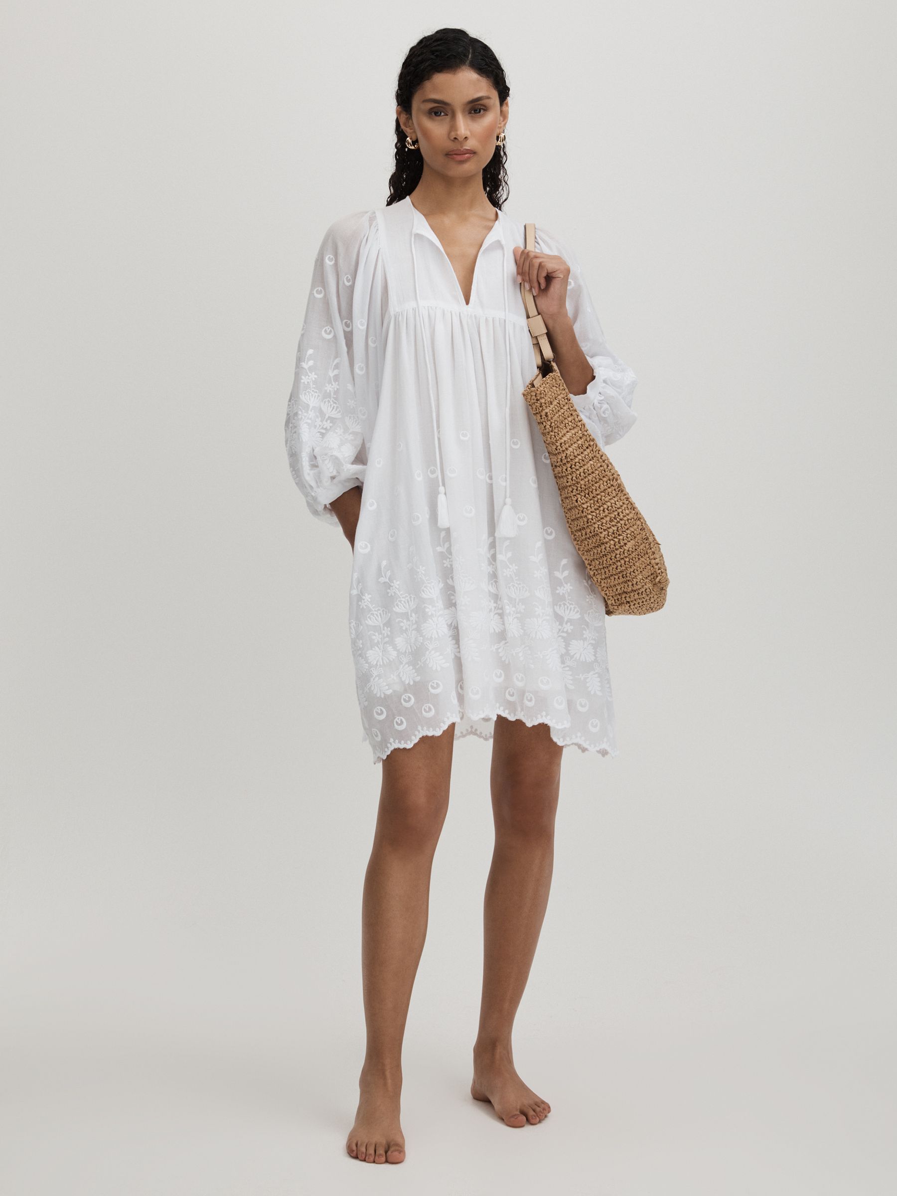 Mille Cotton Puff Sleeve Mini Dress in White - Image 1 of 6