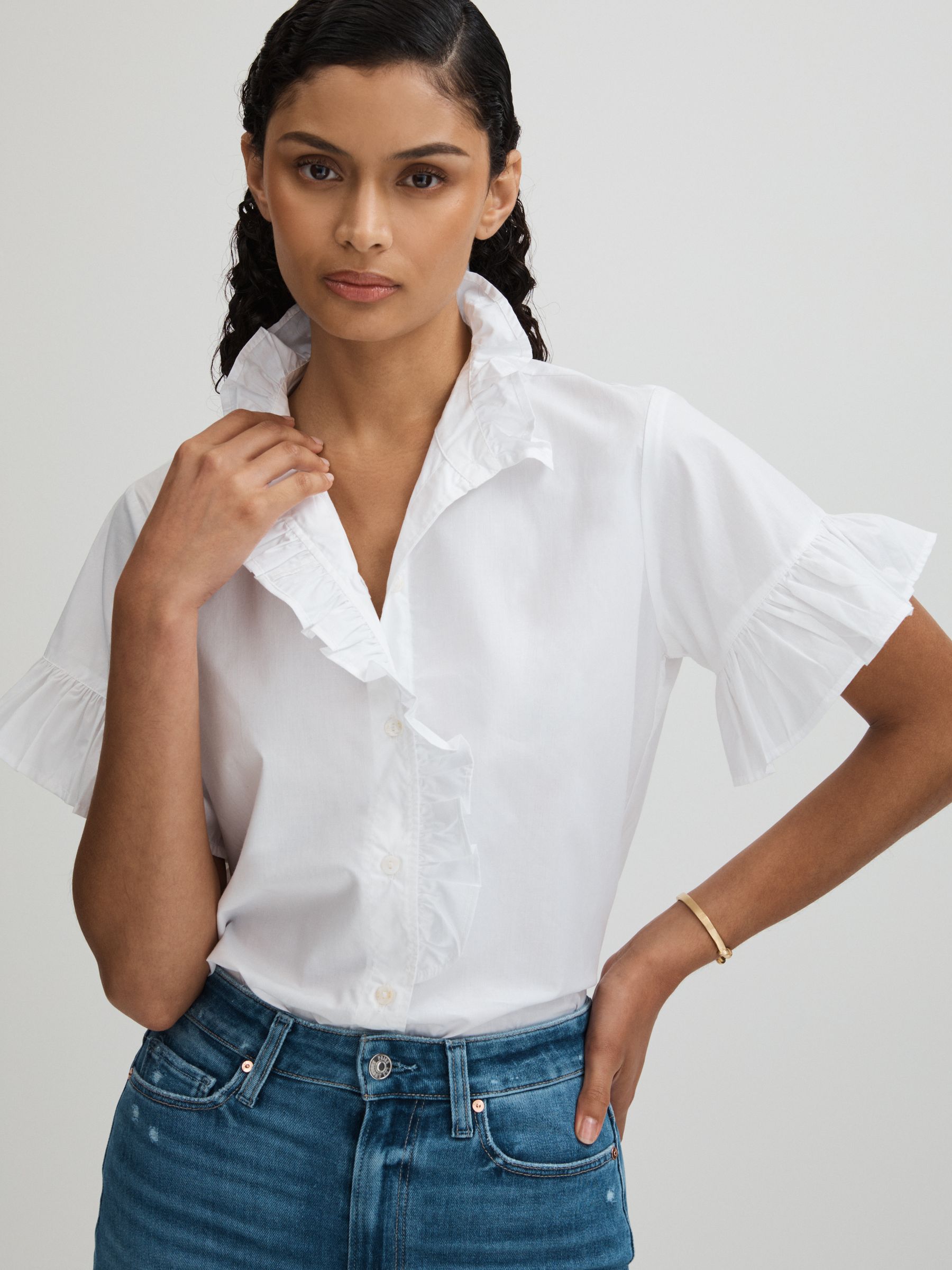 Mille Cotton Bell Sleeve Ruffle Top in White - Image 1 of 5