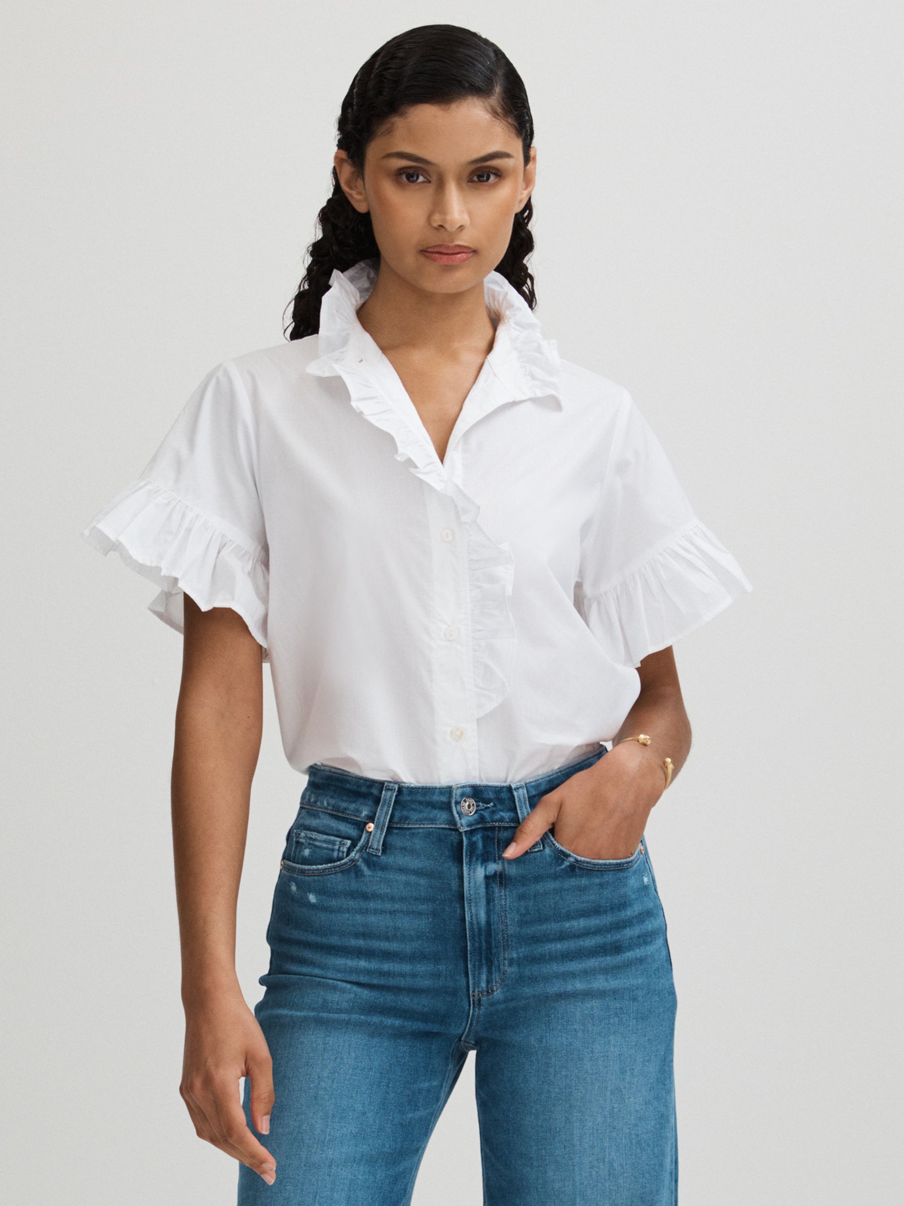 Mille Cotton Bell Sleeve Ruffle Top in White - Image 3 of 5