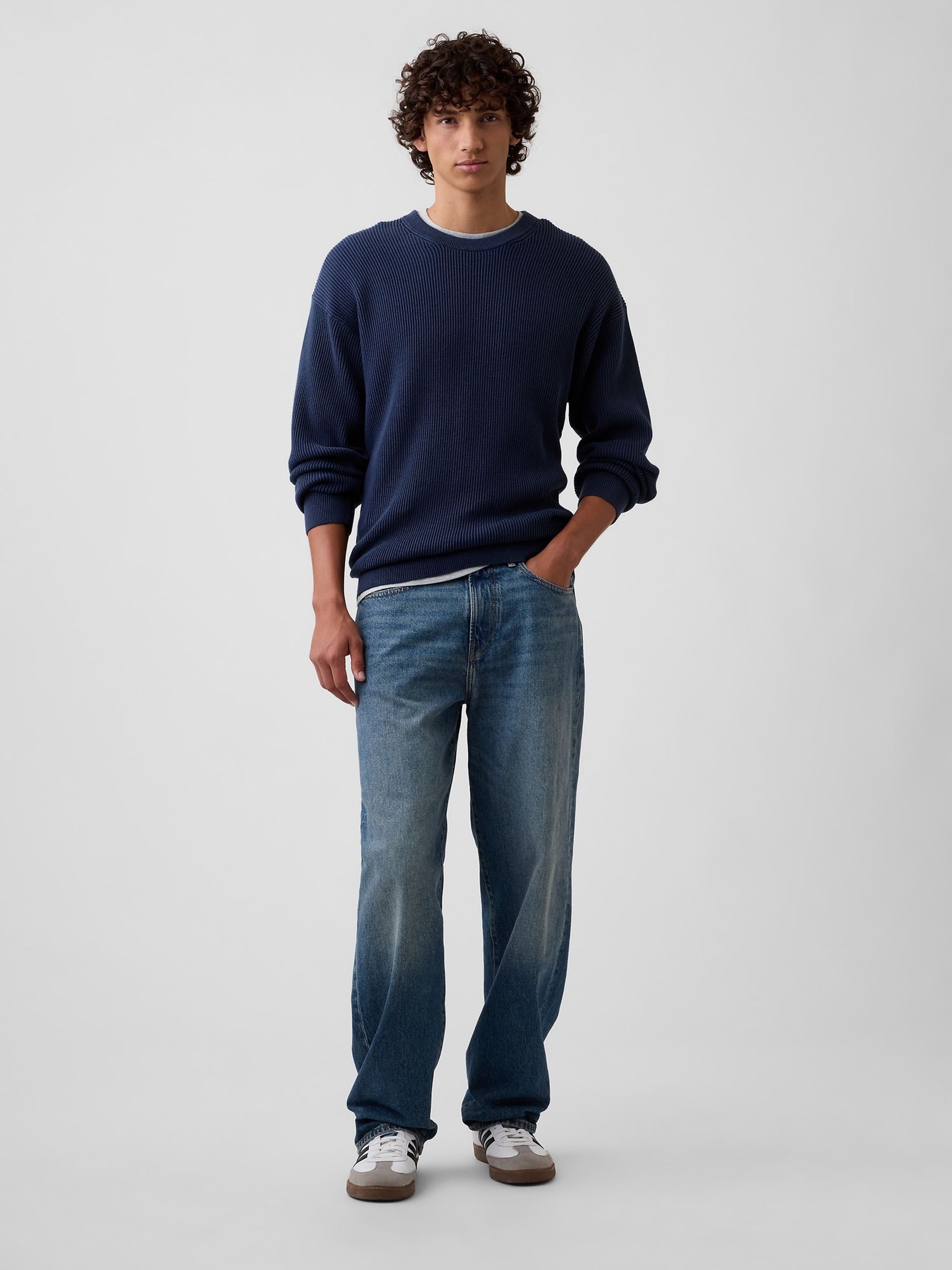 Navy Relaxed Fisherman Stitch Crew Neck Jumper - Image 3 of 5