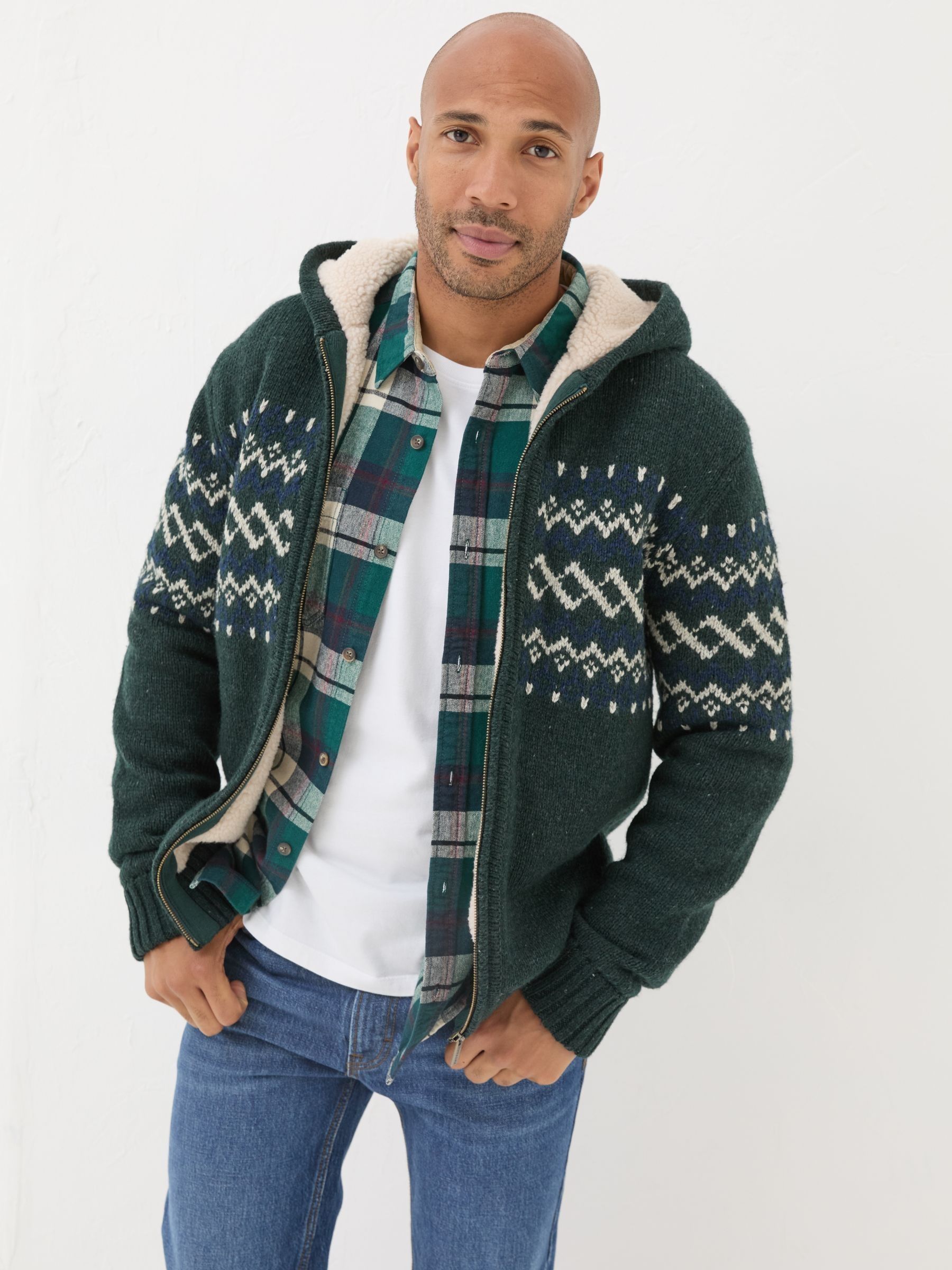 Dark Green Findon Knitted Pattern Hoodie | FatFace