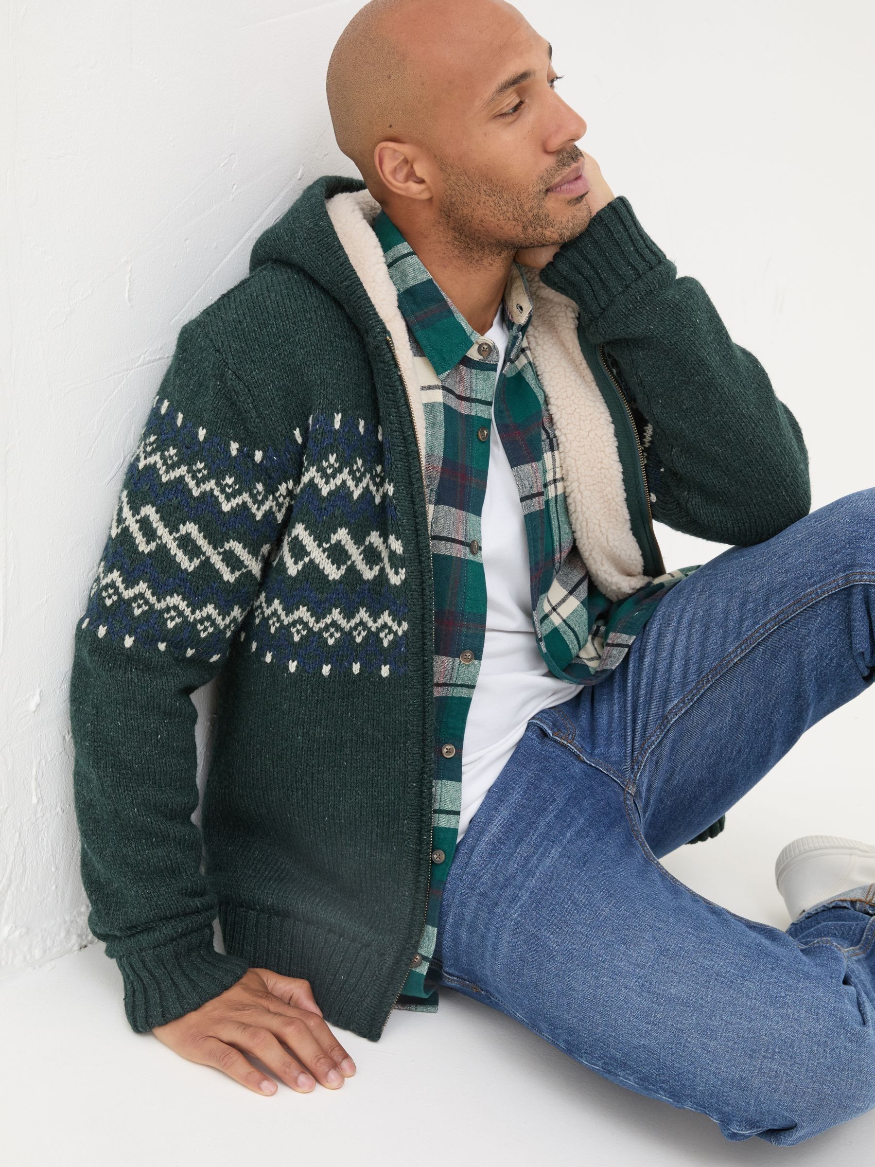 Dark Green Findon Knitted Pattern Hoodie - Image 4 of 6