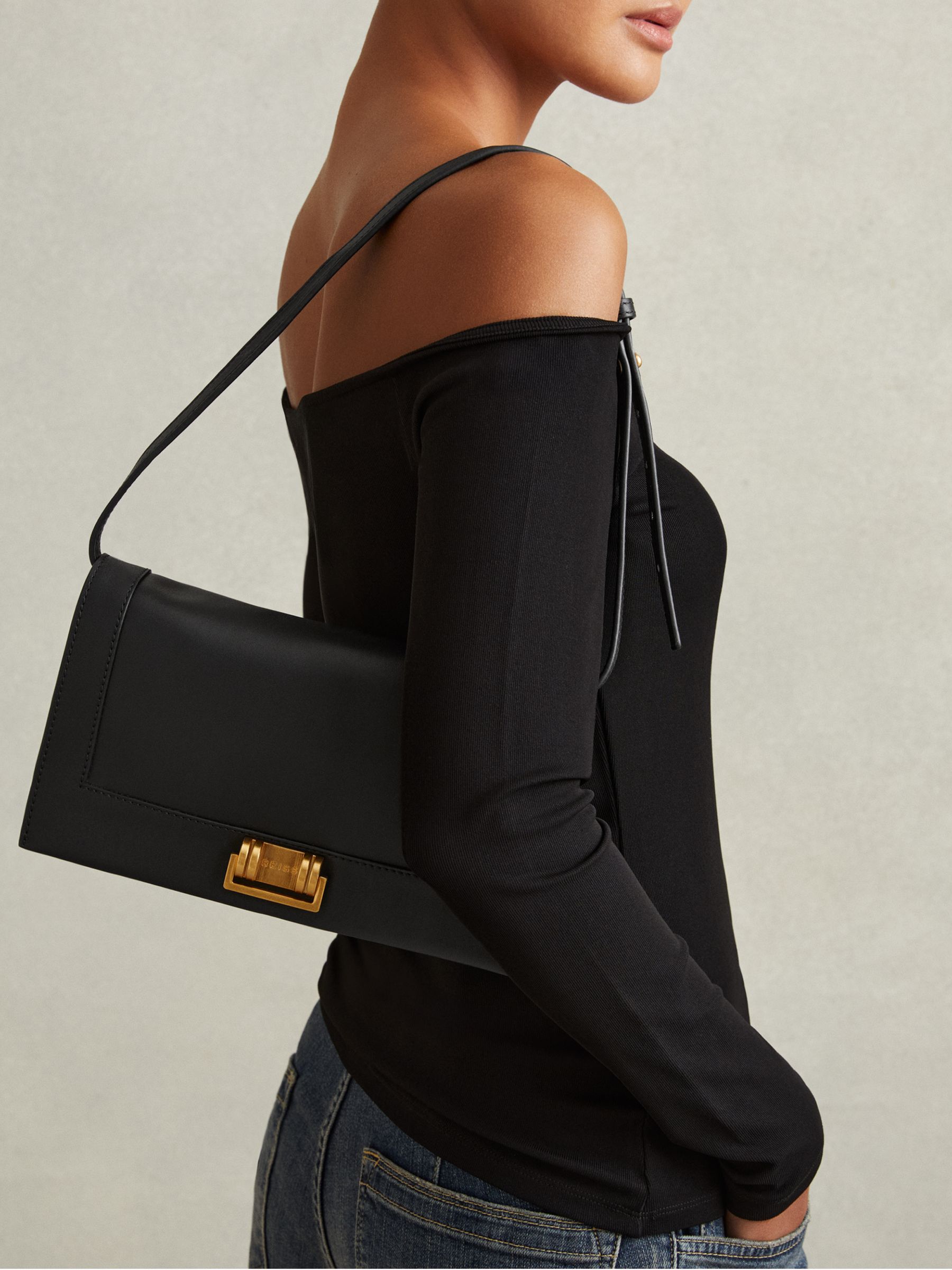 Leather Suede Shoulder Bag in Black - Image 2 of 4