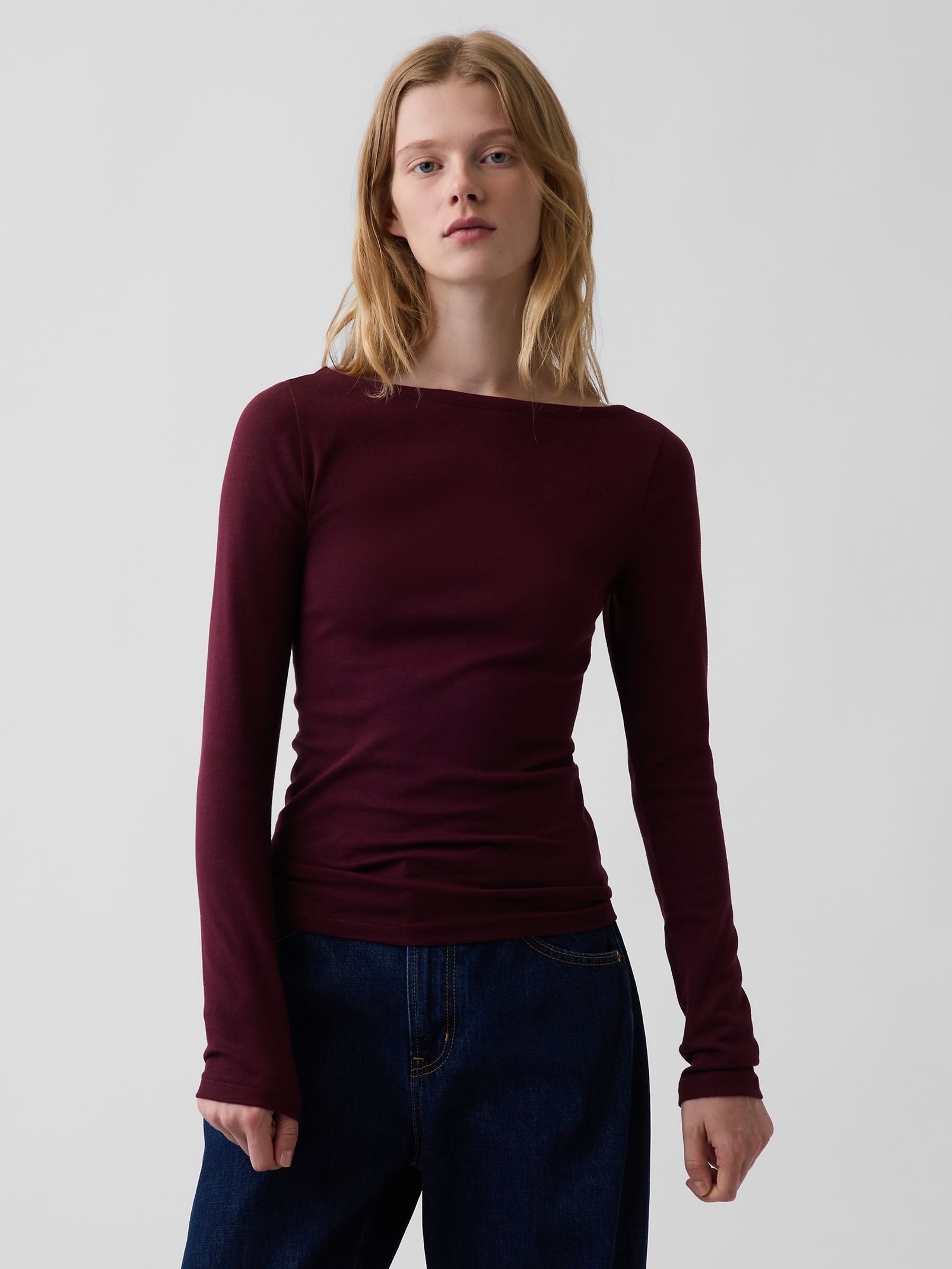 Burgundy Modern Boat Neck Long Sleeve T-Shirt - Image 1 of 4