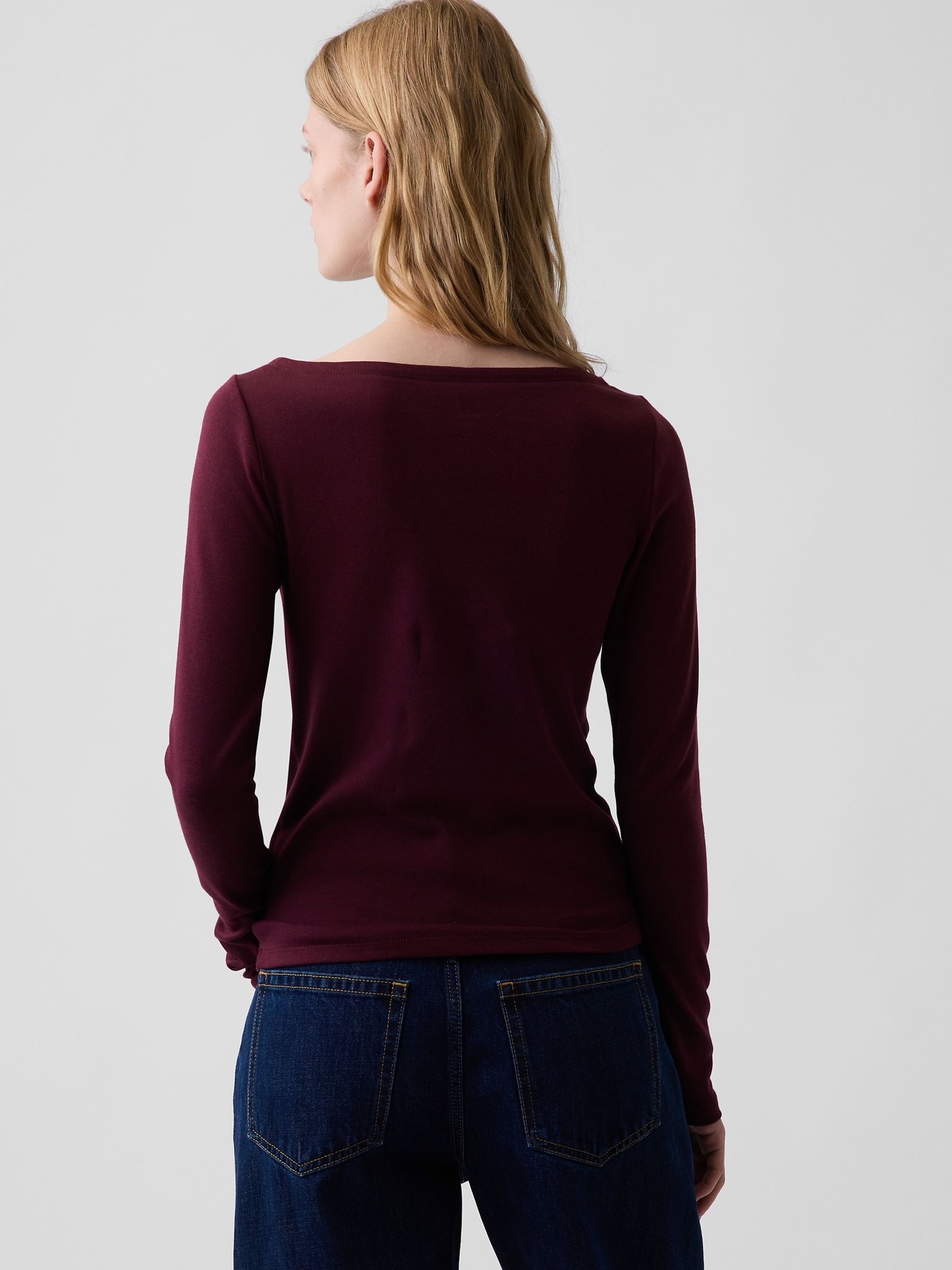 Burgundy Modern Boat Neck Long Sleeve T-Shirt - Image 2 of 4 Burgundy Modern Boat Neck Long Sleeve T-Shirt - Image 2 of 4