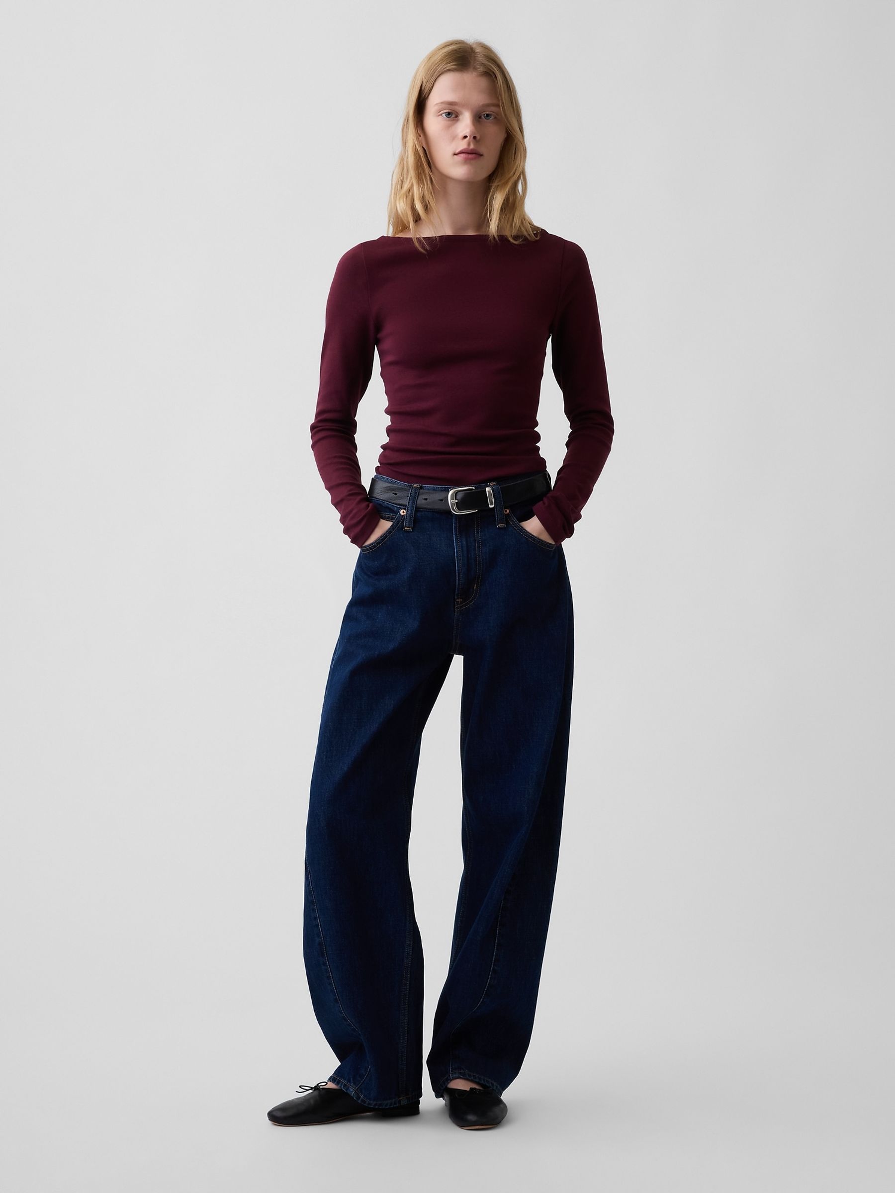 Burgundy Modern Boat Neck Long Sleeve T-Shirt - Image 3 of 4