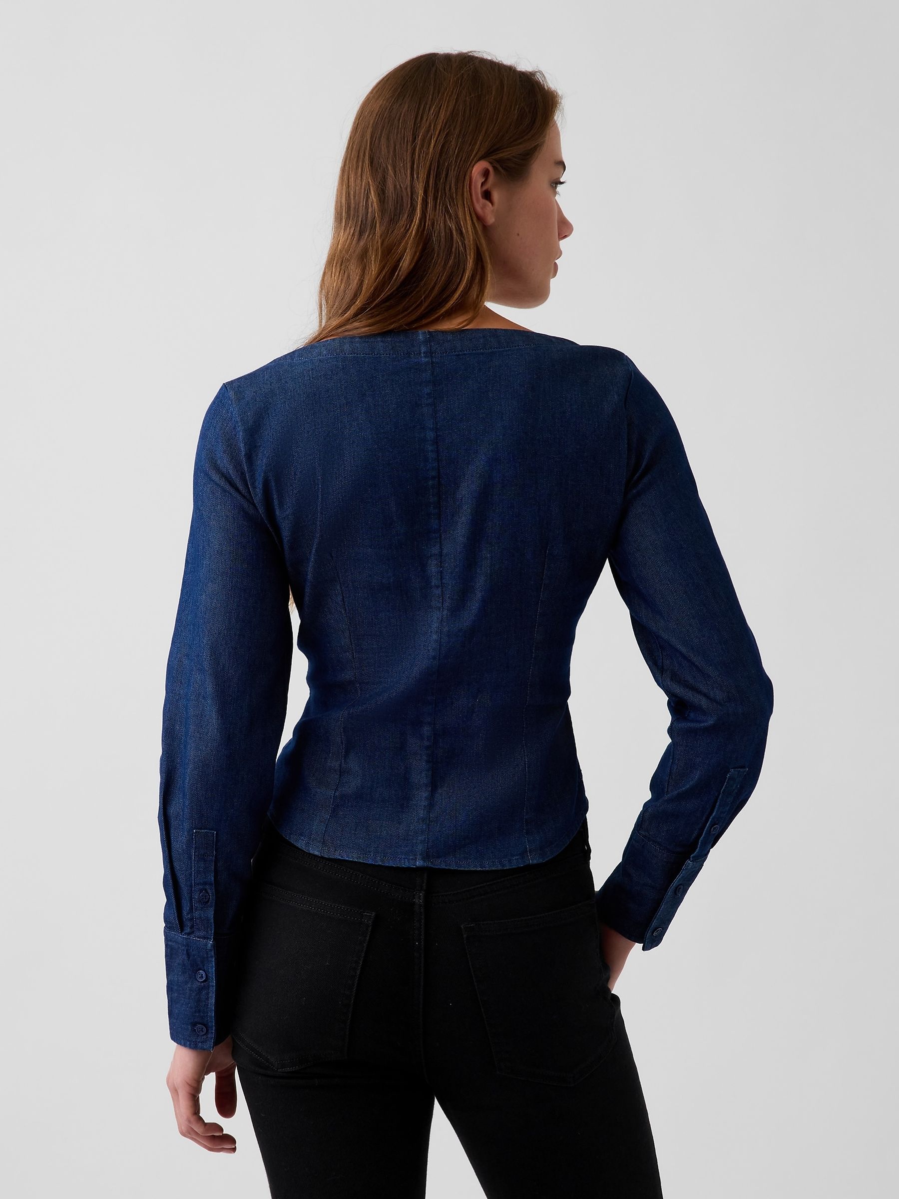 Dark Wash Denim Scoop Neck Top - Image 2 of 4 Dark Wash Denim Scoop Neck Top - Image 2 of 4