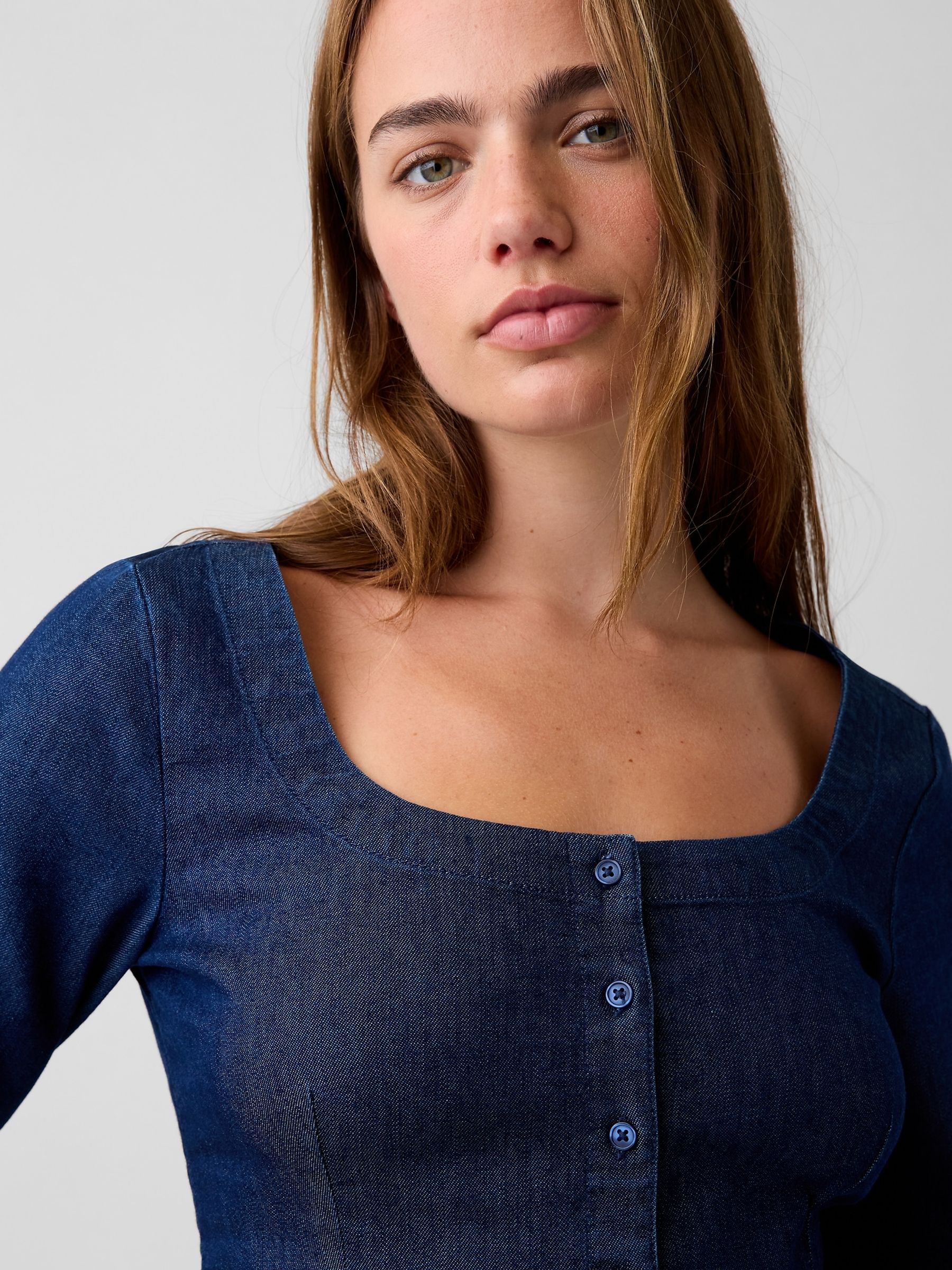 Dark Wash Denim Scoop Neck Top - Image 4 of 4 Dark Wash Denim Scoop Neck Top - Image 4 of 4