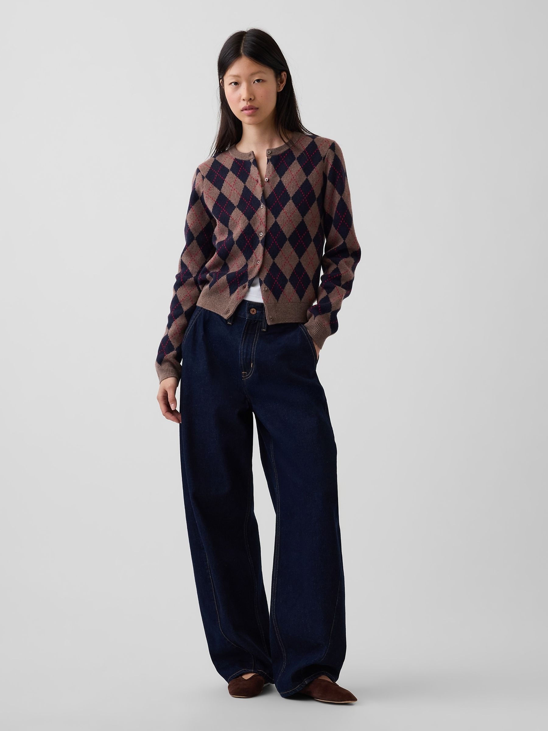 Brown/Navy Argyle CashSoft Crop Cardigan - Image 3 of 4