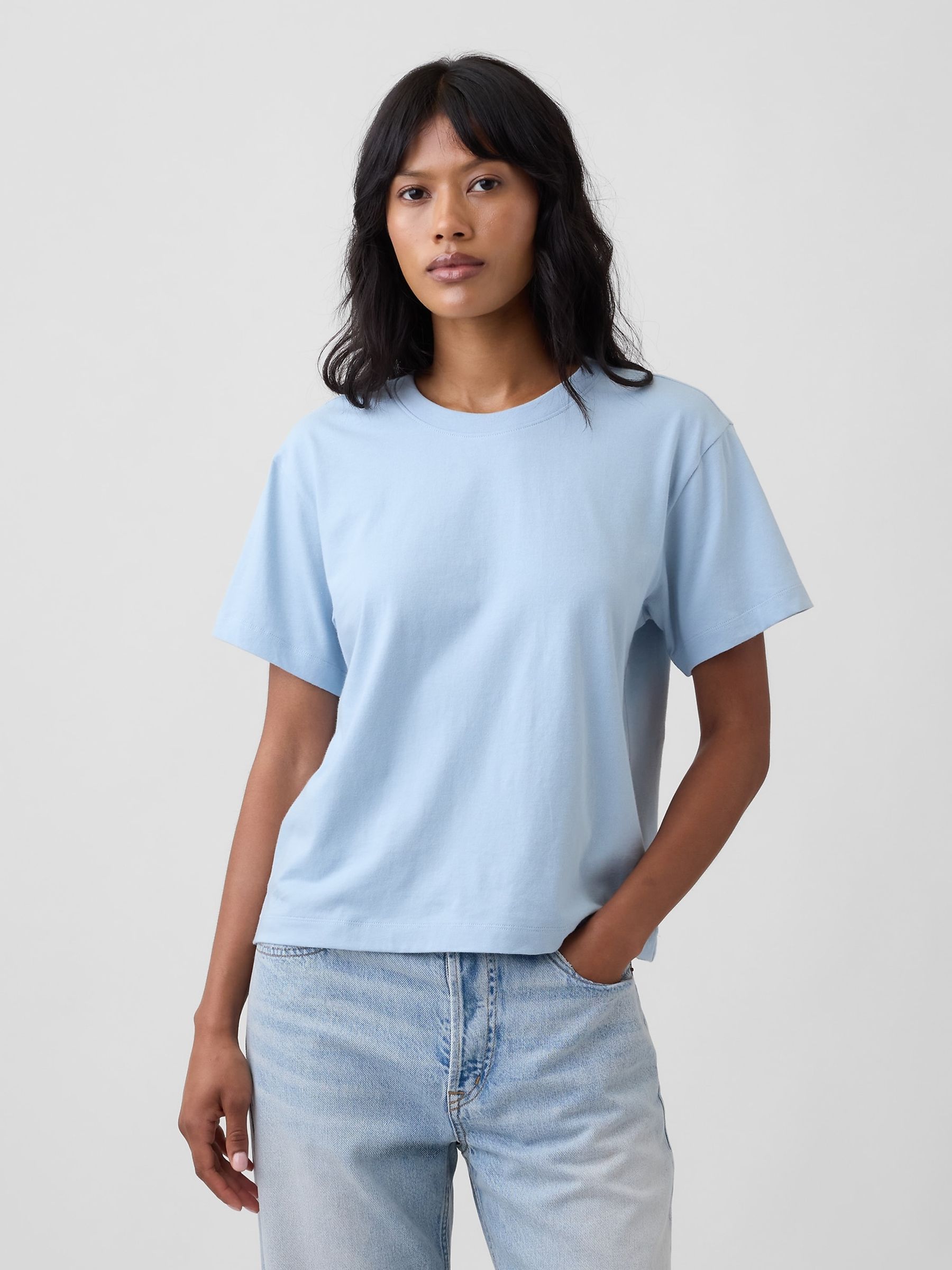 Light Blue Boxy Crew Neck T-Shirt - Image 1 of 5 Light Blue Boxy Crew Neck T-Shirt - Image 1 of 5