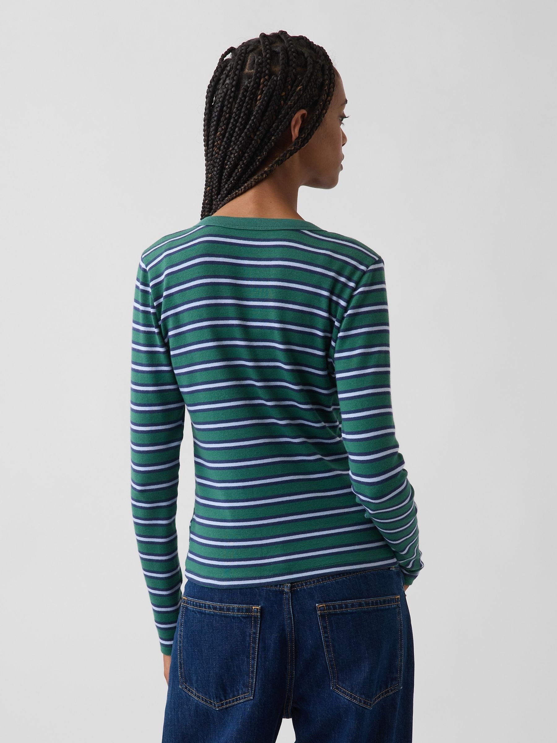 Green Stripe Modern Crew Neck Cardigan - Image 2 of 3 Green Stripe Modern Crew Neck Cardigan - Image 2 of 3