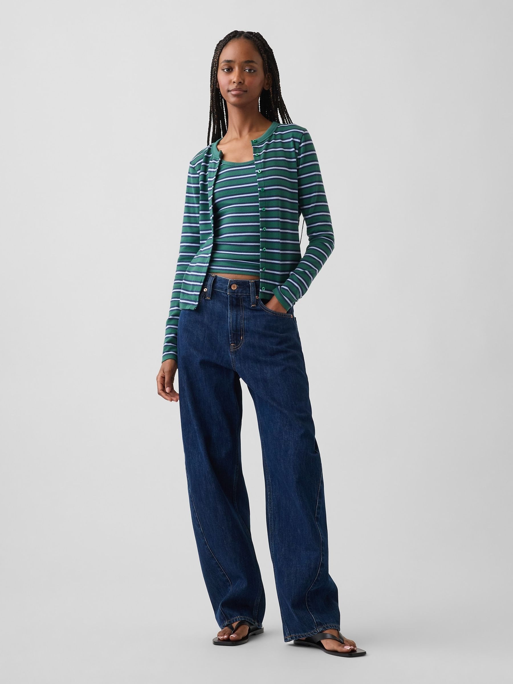 Green Stripe Modern Crew Neck Cardigan - Image 3 of 3 Green Stripe Modern Crew Neck Cardigan - Image 3 of 3