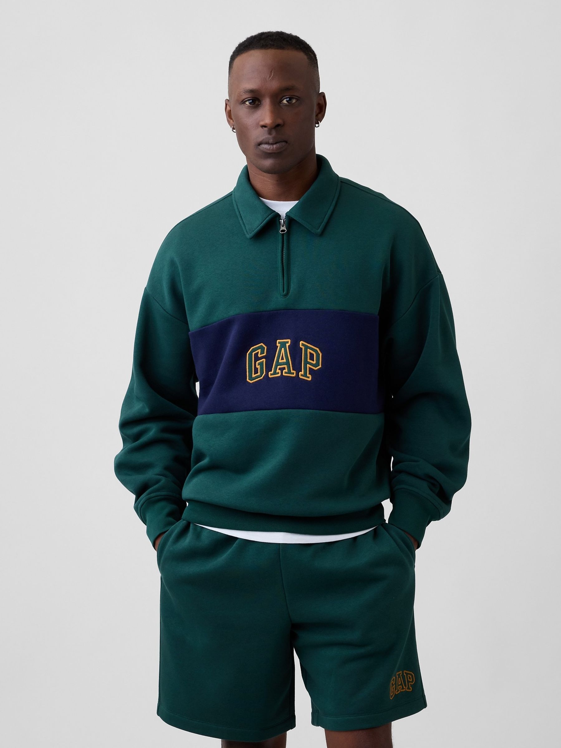 Green Oversized Logo Quarter-Zip Sweatshirt - Image 1 of 4 Green Oversized Logo Quarter-Zip Sweatshirt - Image 1 of 4