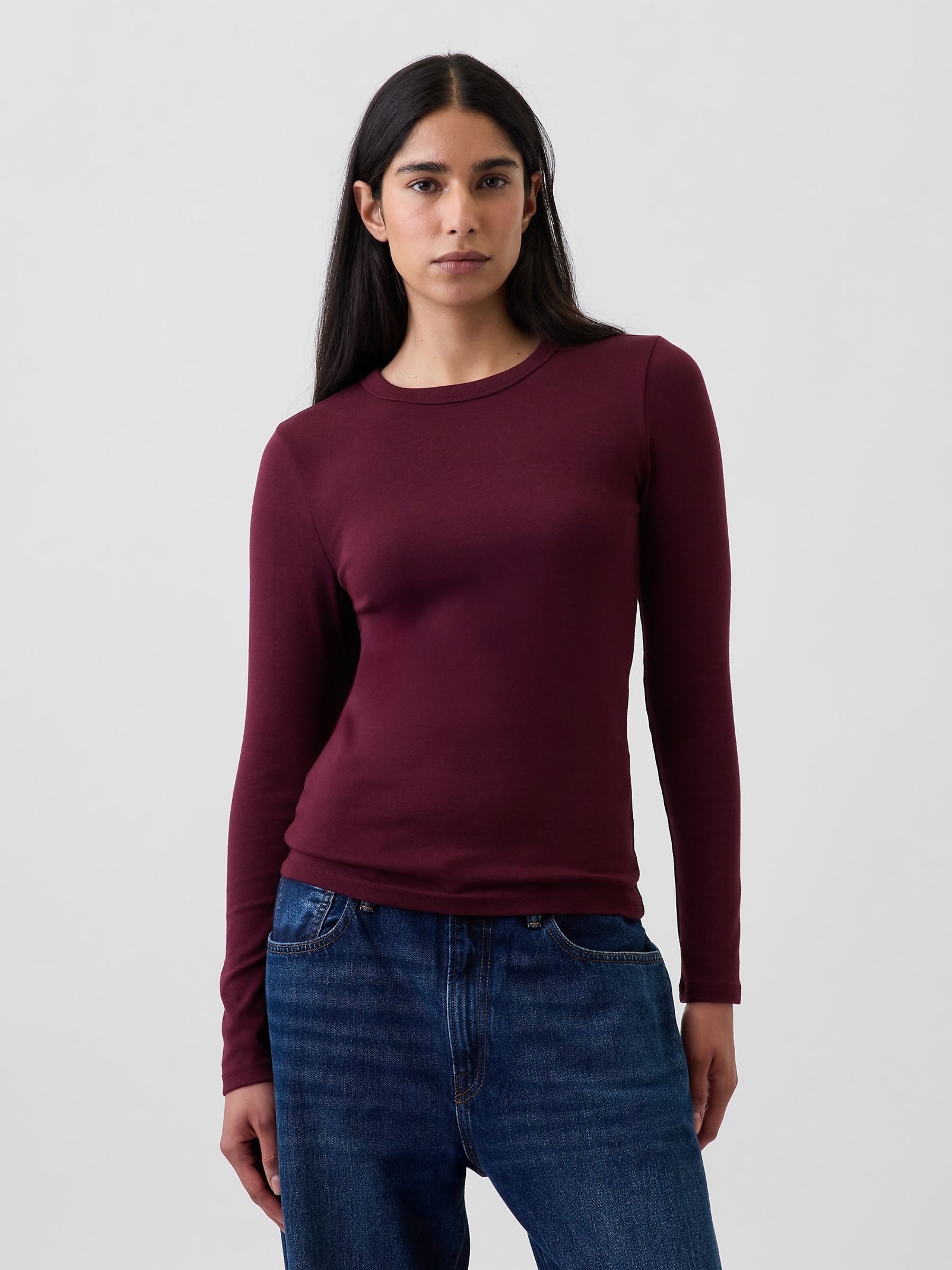 Burgundy Red Modern Long Sleeve T-Shirt - Image 1 of 4