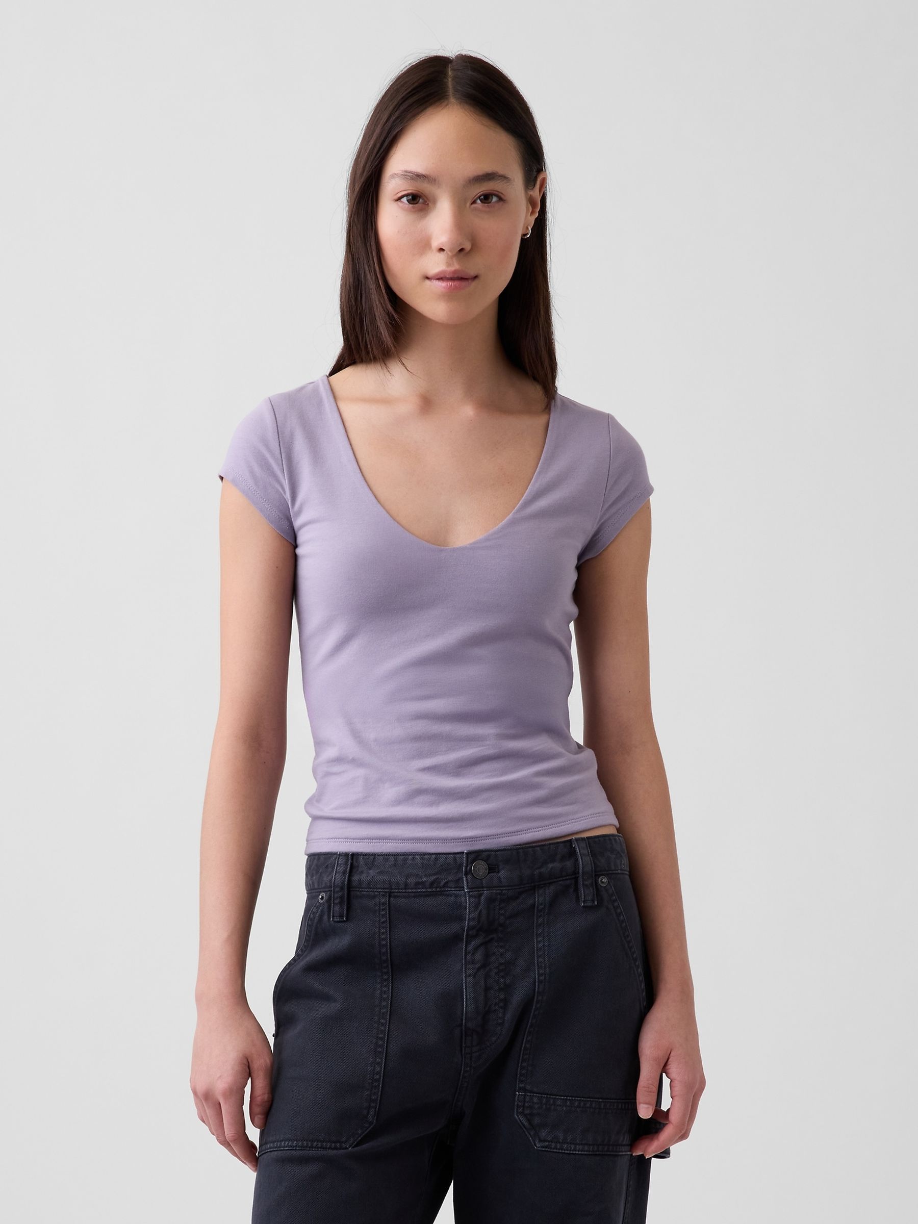 Purple Close Knit Jersey V-Neck T-Shirt - Image 1 of 4