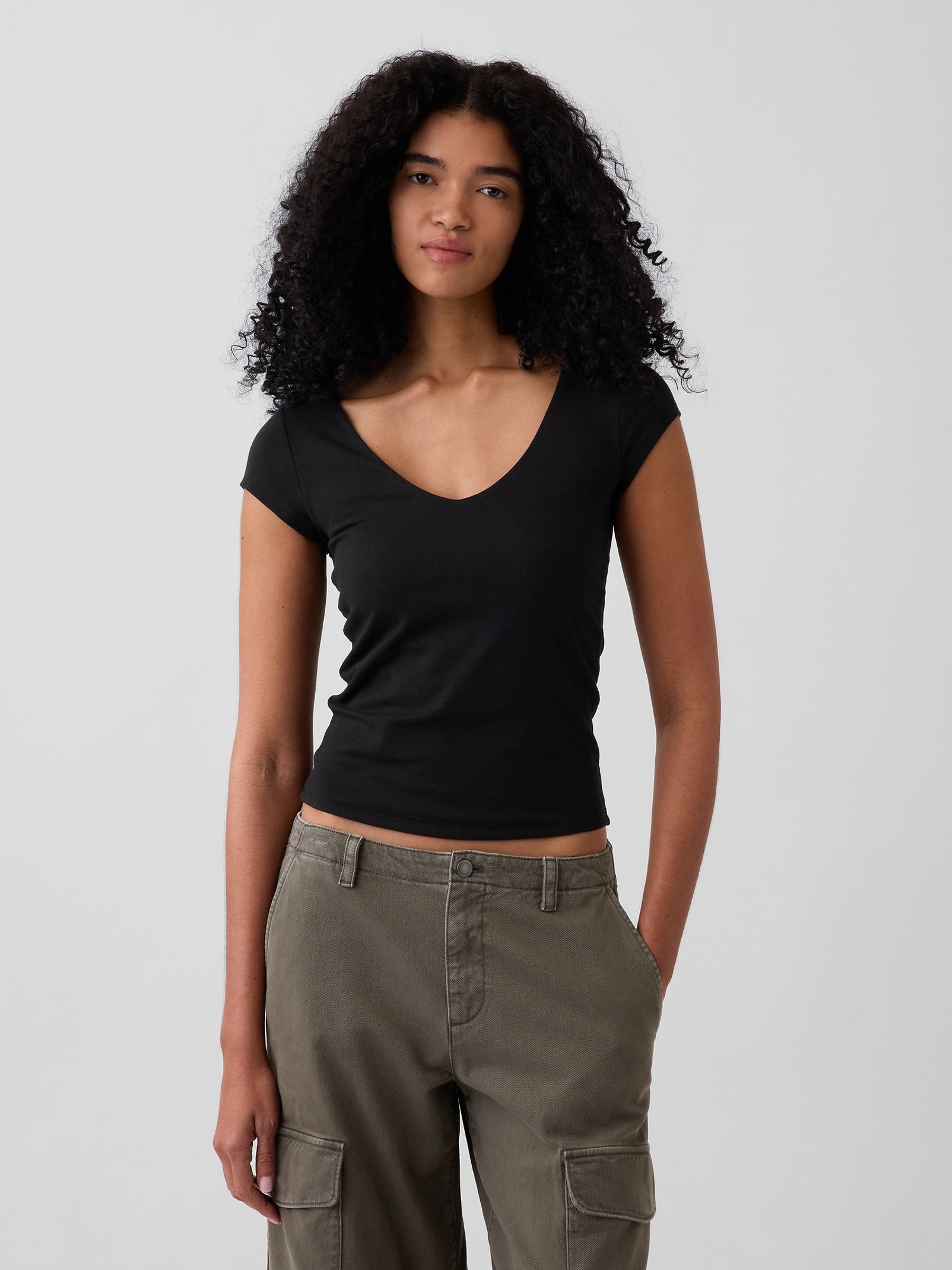 Black Close Knit Jersey V-Neck T-Shirt - Image 1 of 3
