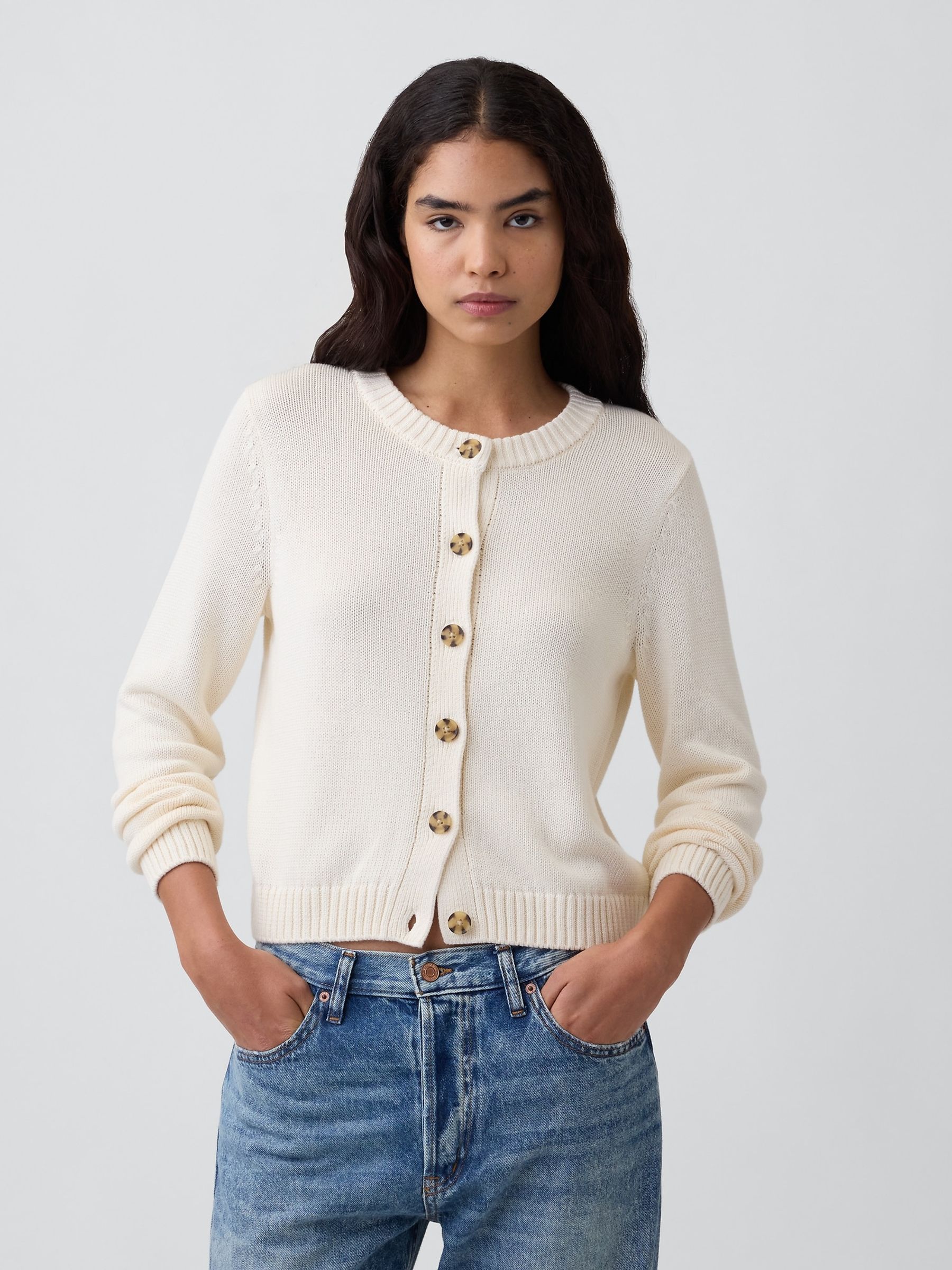 Cream Crew Neck Cardigan - Image 1 of 5 Cream Crew Neck Cardigan - Image 1 of 5