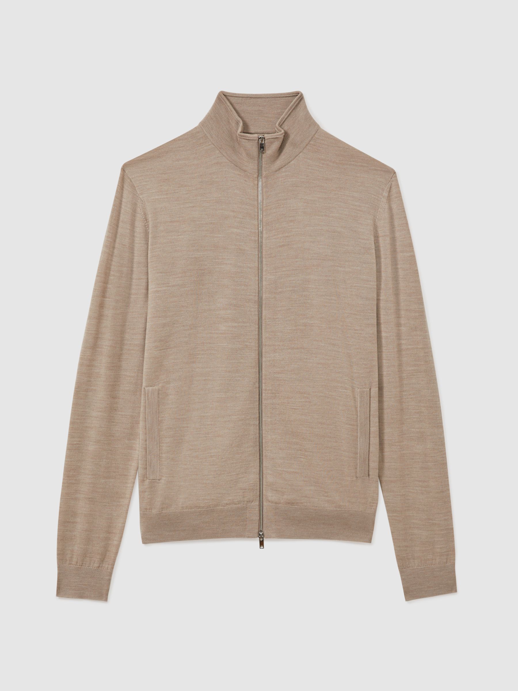 Merino Wool Zip-Through Funnel-Neck Cardigan in Wheat Melange - Image 2 of 5