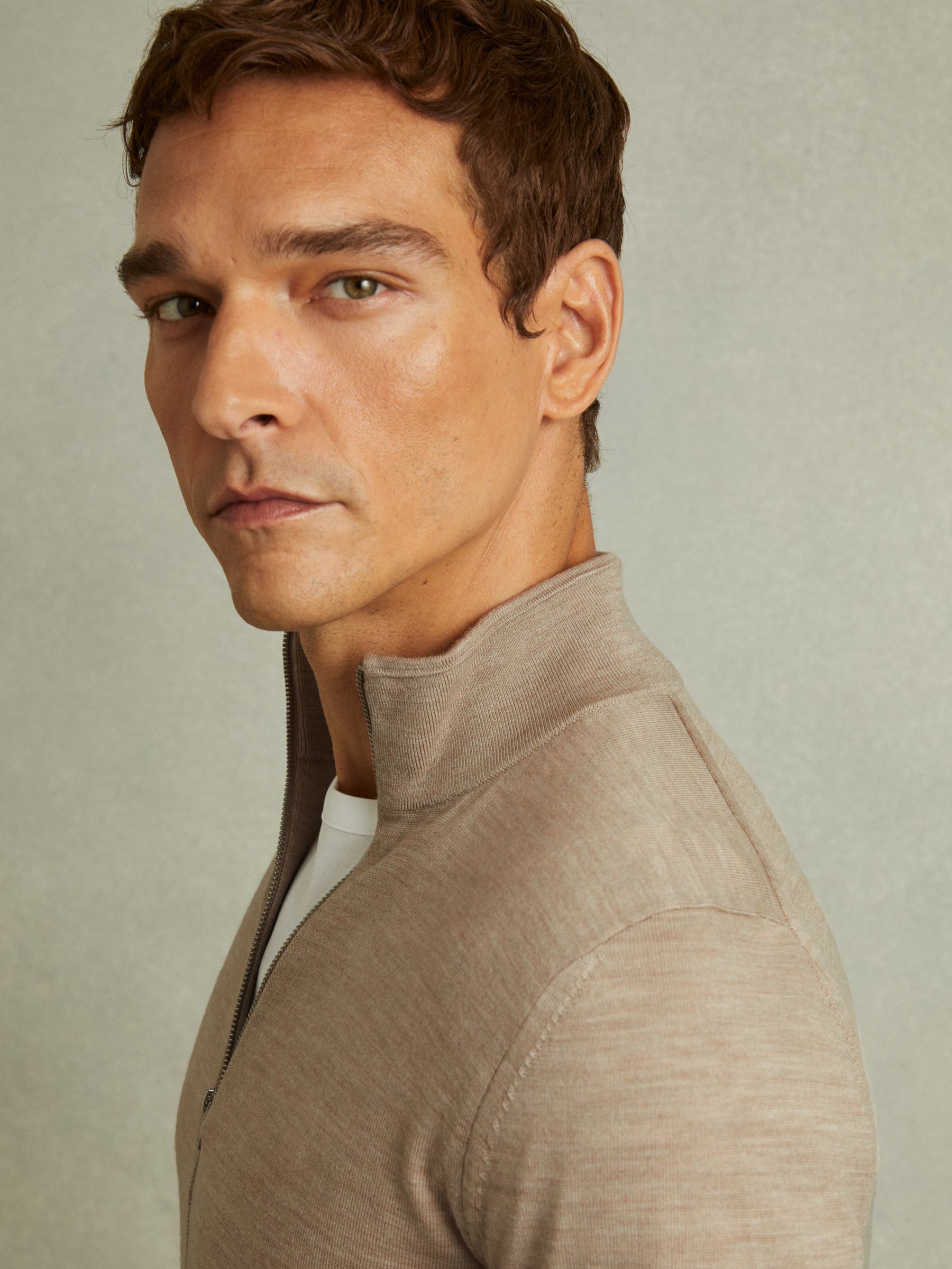 Merino Wool Zip-Through Funnel-Neck Cardigan in Wheat Melange - Image 3 of 5
