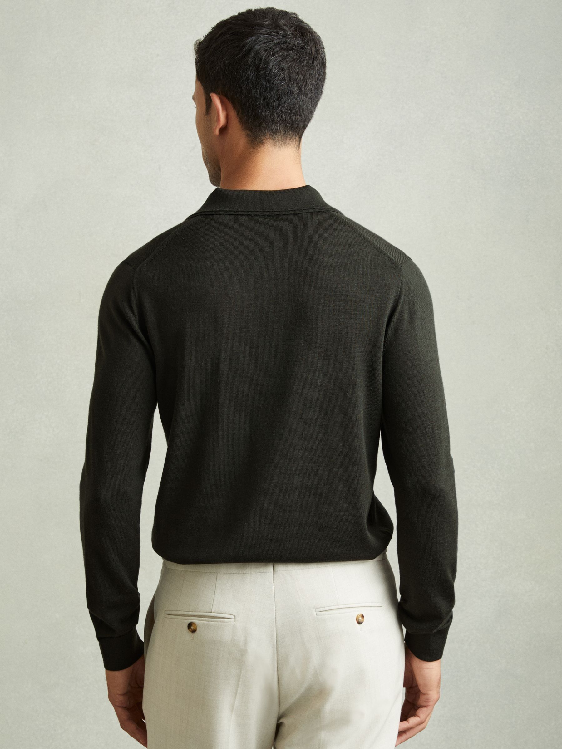 Merino Wool Half-Zip Polo Shirt in Dark Military Green - Image 4 of 5