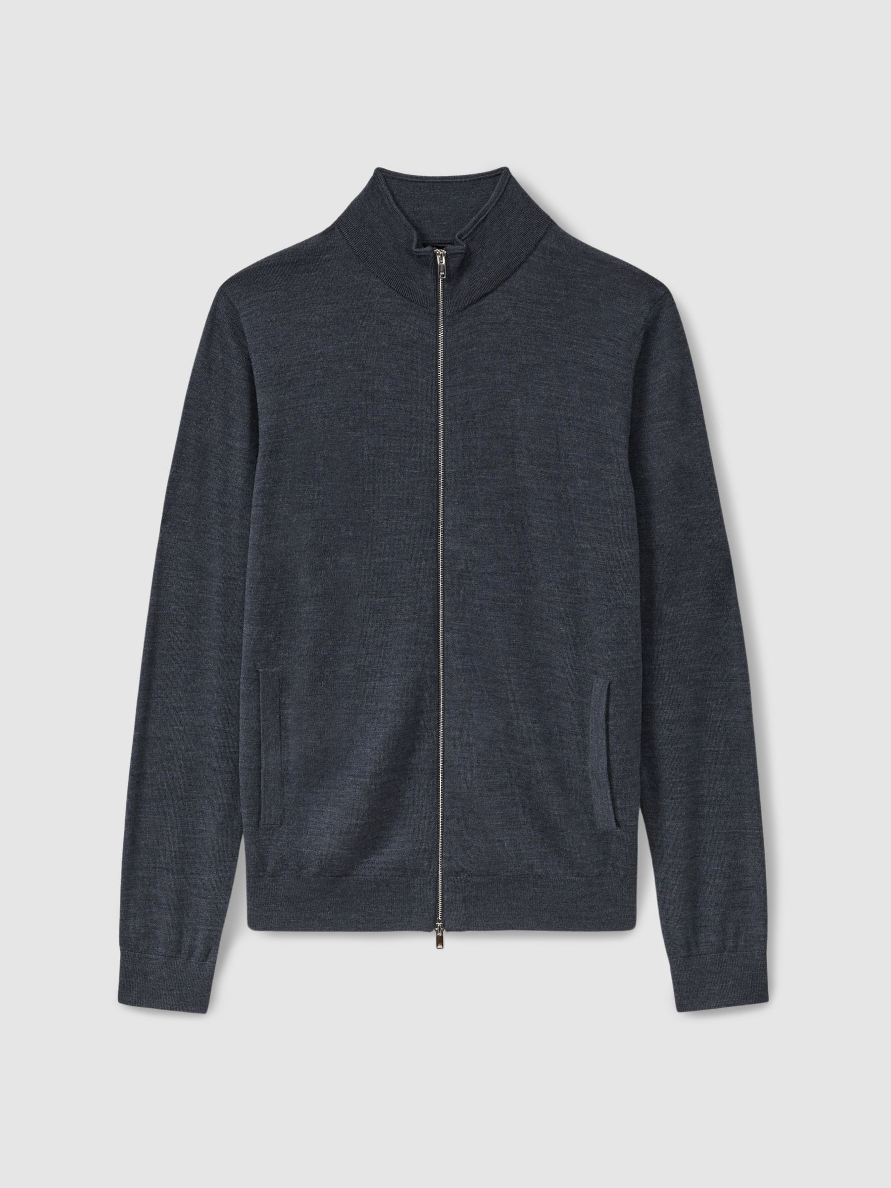 Merino Wool Zip-Through Funnel-Neck Cardigan in Dark Airforce Blue Melange - Image 2 of 6